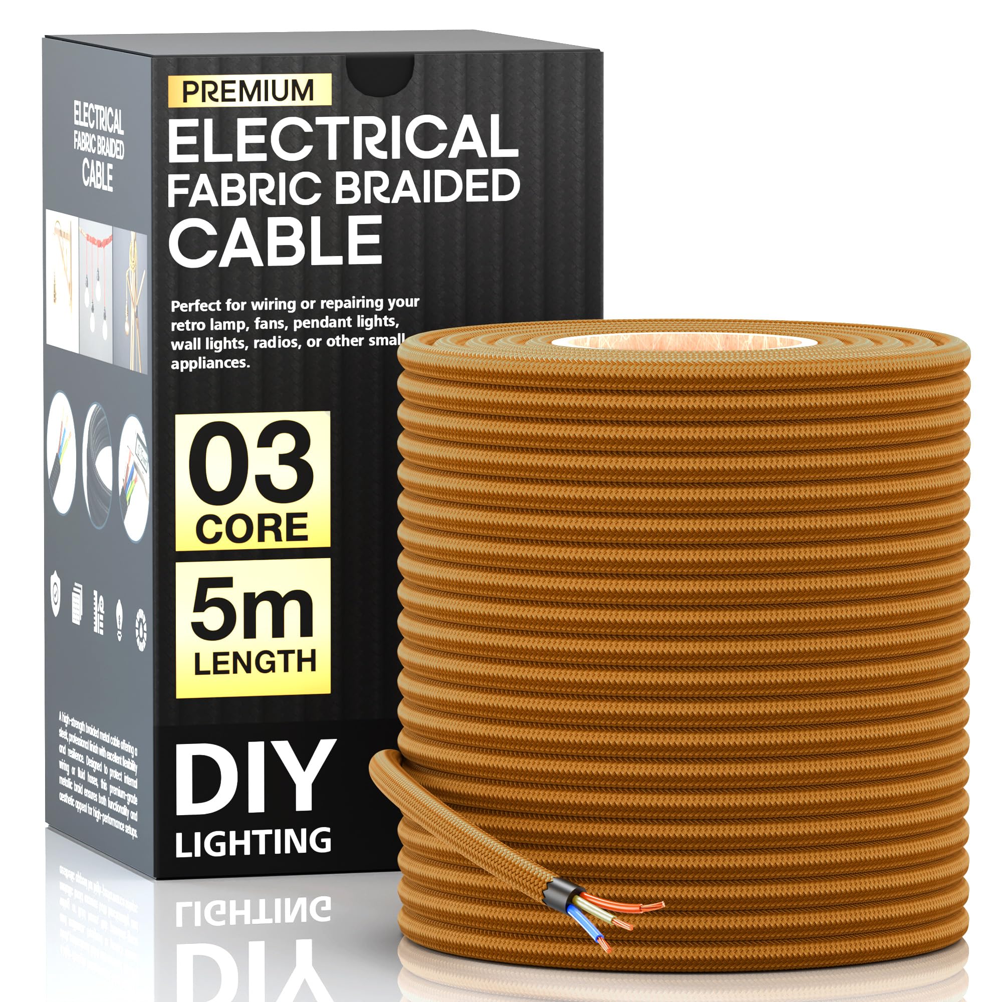 LEDSone 5 Meter Vintage 3 Core Round Electric Cable Fabric Covered Wire Italian Braided 0.75 mm Electrical Cable Flexible Wire for Lighting Other Appliances (Gold)