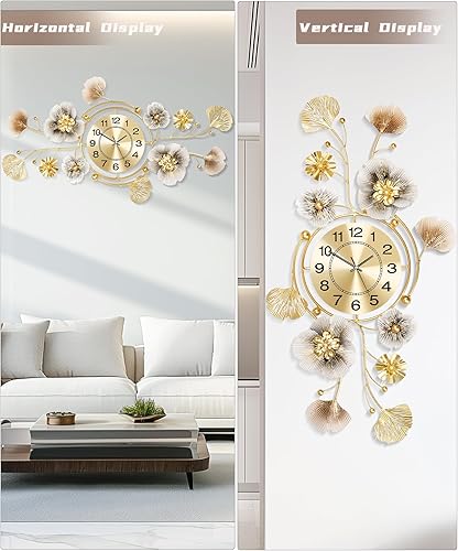 Miniatura 3 de Reloj de pared para sala de estar, reloj de pared silencioso decorativo, diseño retro 3D de hoja de ginkgo de metal, para oficina, dormitorio,