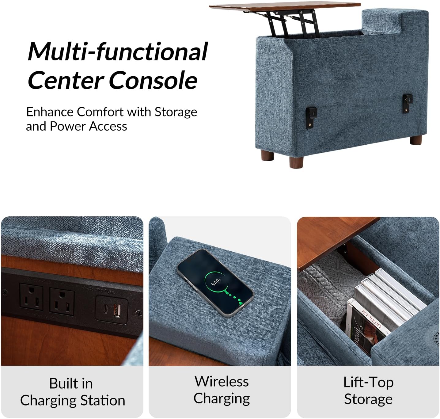 Modern Loveseat with Convertible Armrests & Storage Console, Modular Sectional Sofa with Wireless Charging & USB Ports for Living Room, 2-Seater, Blue