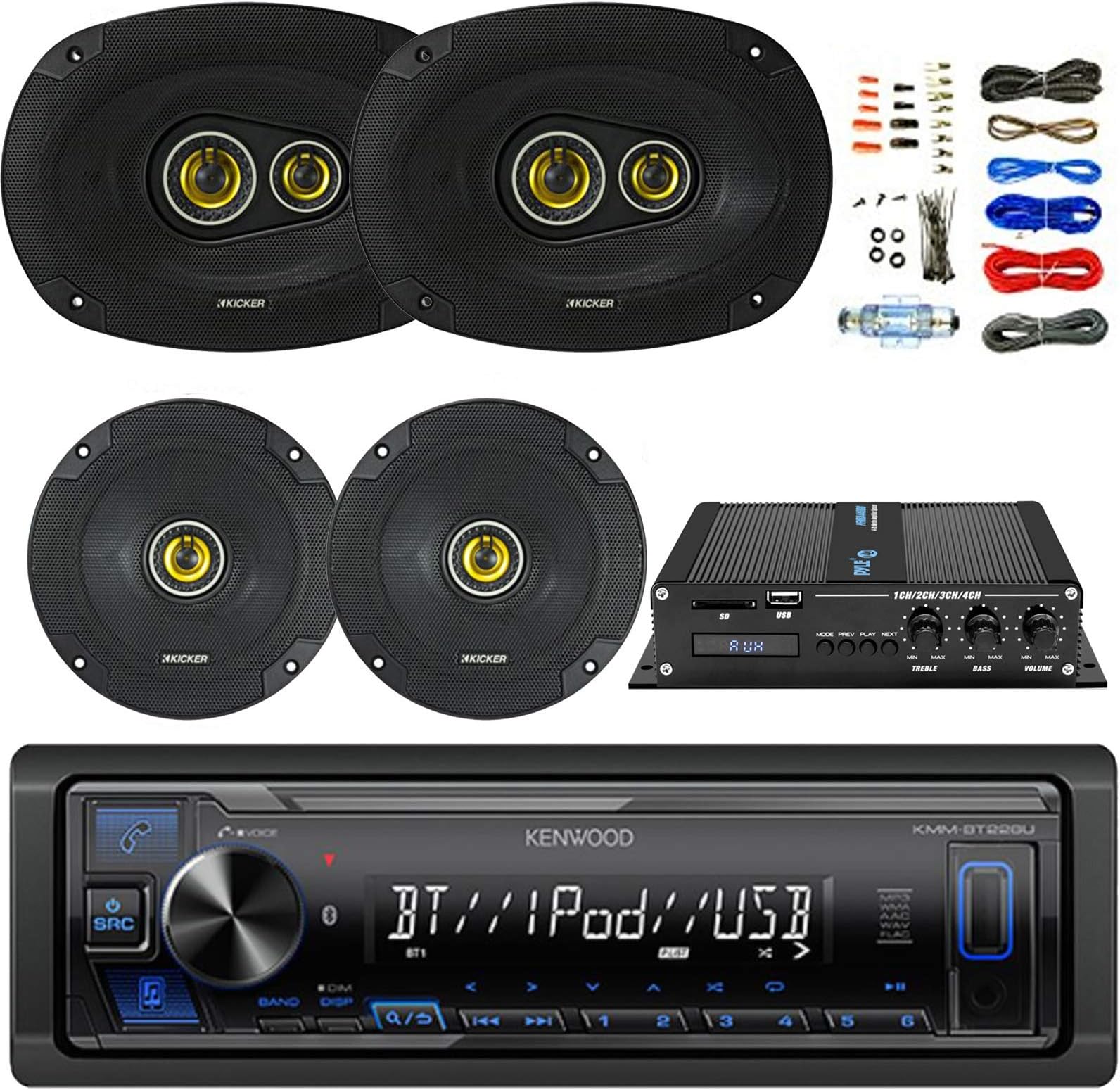 Kenwood Bluetooth AM/FM Car Stereo Receiver Bundle Combo with 2X Kicker 300-Watt 6.5 Inch 2-Way Speakers, 2X 450W 6x9 3-Way Coaxial Speakers, 4-Channel Amplifier, 8G Installation Kit