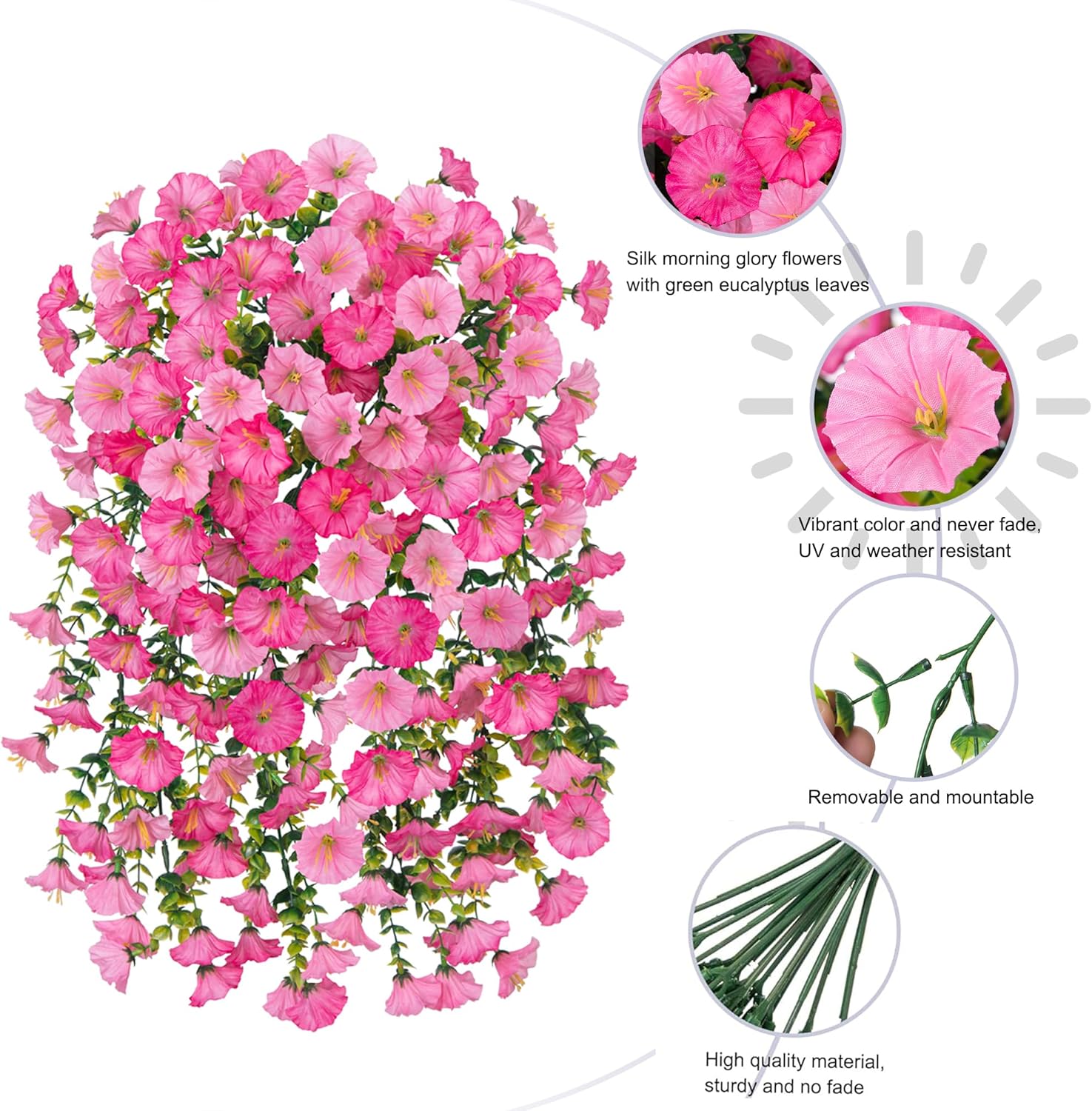 Ivydale 2 PCS Artificial Hanging Flowers Fake Plants Outdoor,Silk Morning Glory Faux Flowers with Eucalyptus Leaves,UV Resistant Realistic Hanging Plants for Home Garden Decor (Pink+Light Pink) - Image 4