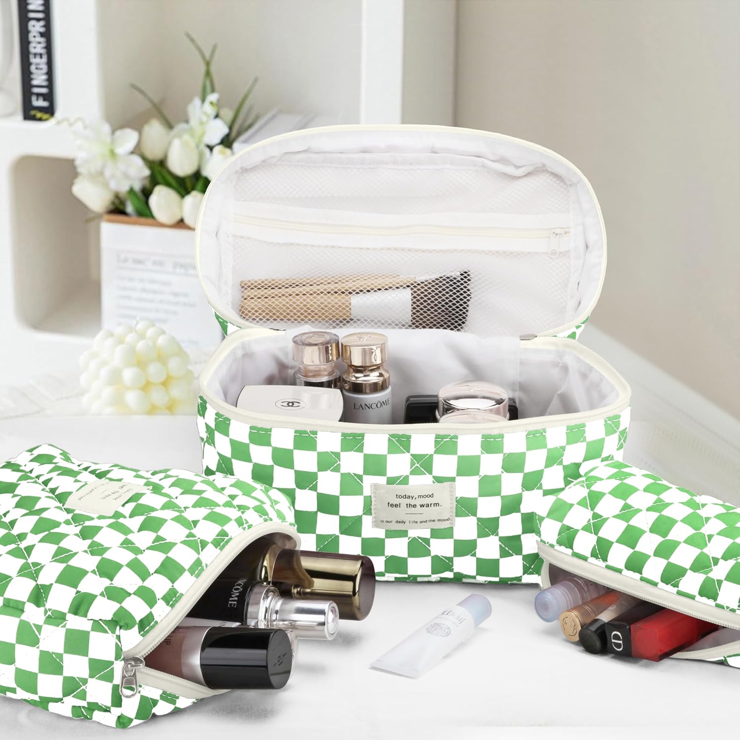 TESAFNG Quilted Makeup Bag Set - 3 PCS Cute Floral Cotton Makeup Bag, Large Coquette Aesthetic Make up Cosmetic Bag, Flower Travel Toiletry Organizer Bags for Women Girls (Checkered Green)