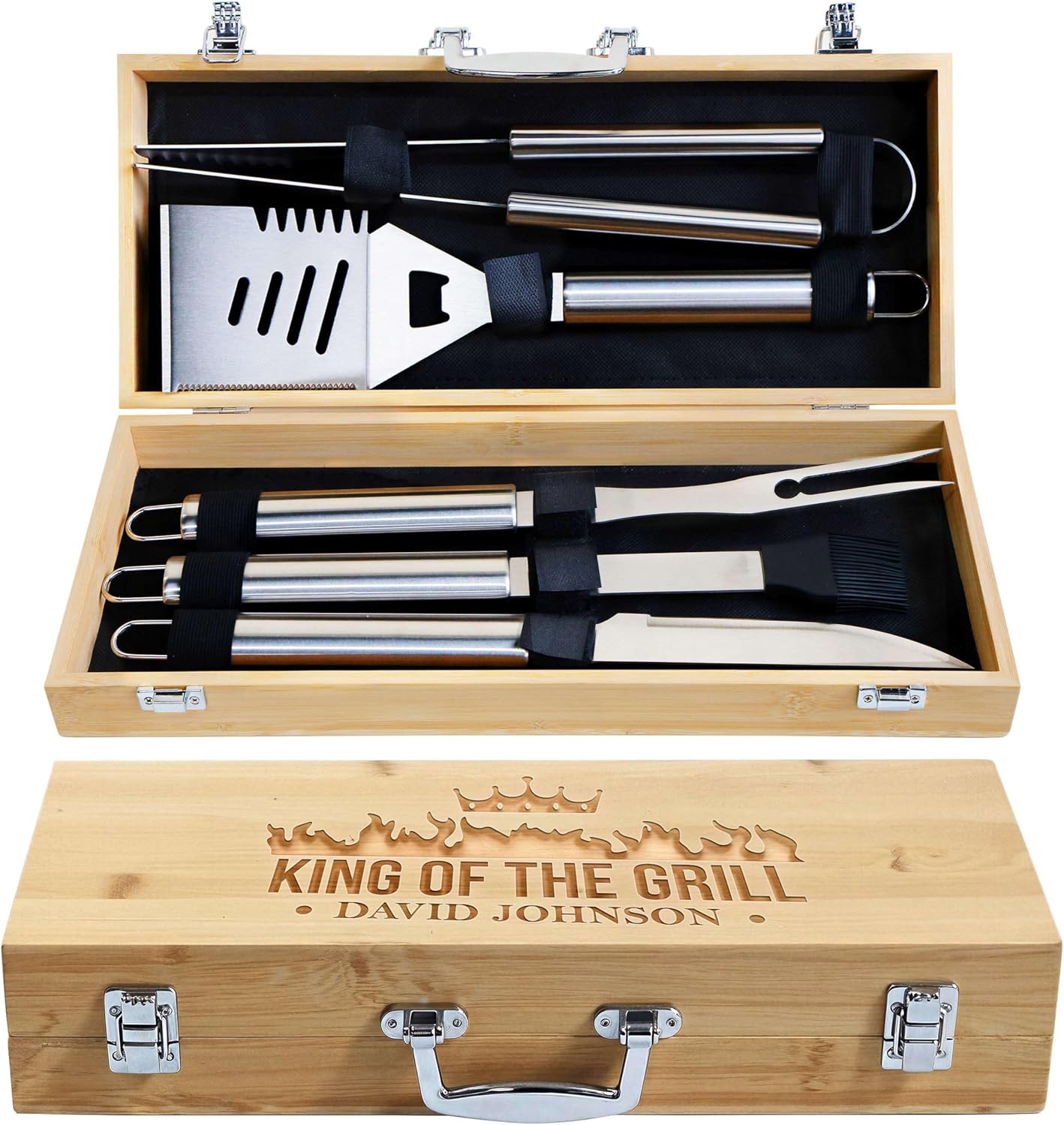 Custom Engraved King of The Grill Name BBQ Accessories Grill Tools Set with Wooden Storage Case 5 Piece Kit with Stainless Steel Tongs, Spatula, Fork, Basting Brush, & Knife Gift for Men (SS)