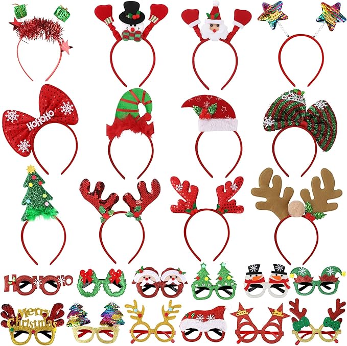 24 Stück Weihnachts-Haarreifen Weihnachtsbrille-Set, Haarreif Weihnachten Brille Rahmen Weihnachts-Kopfschmuck Weihnachtsbaum-Rentiergeweih Haarschmuck Dekoration