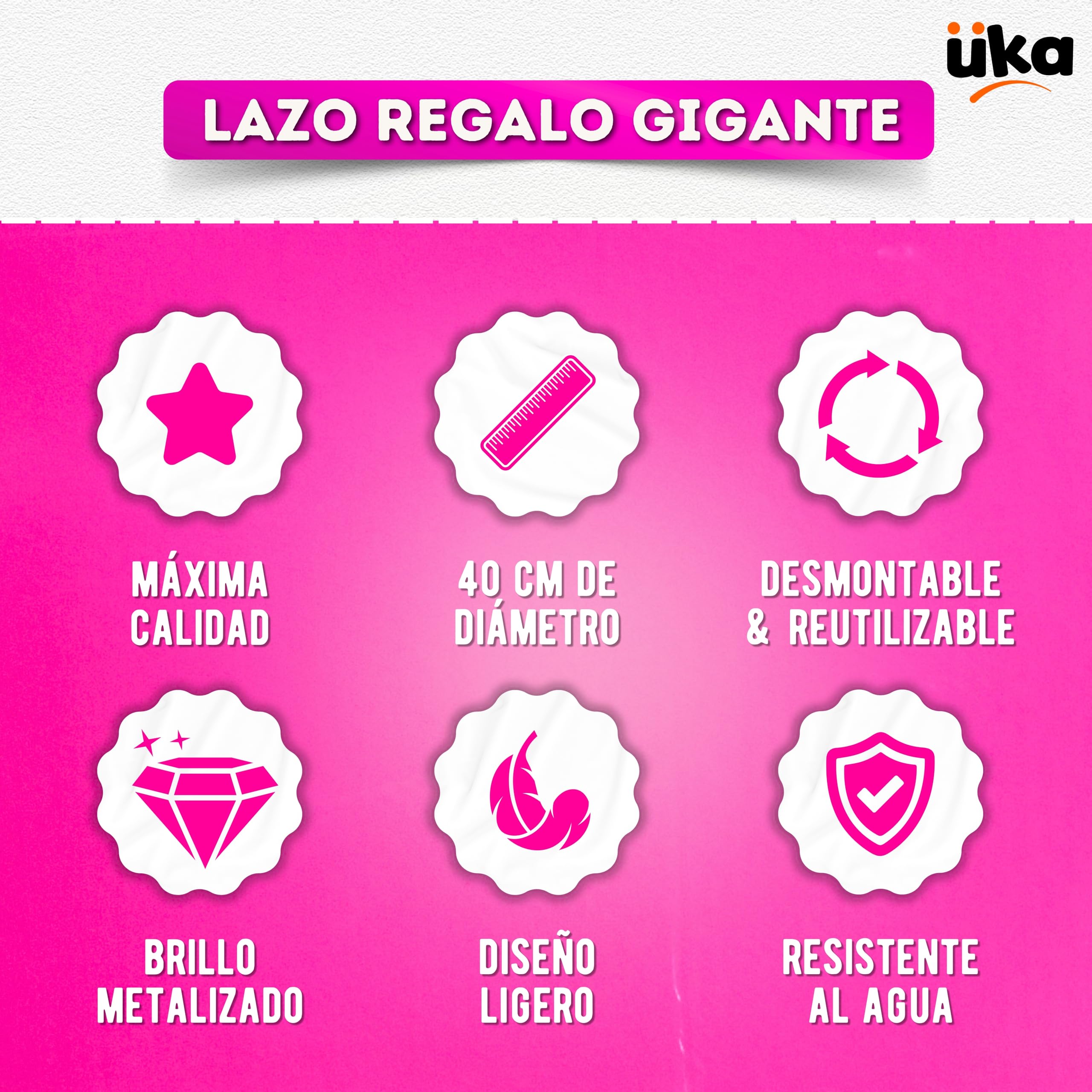 Üka • Lazo de Regalo Gigante. Diámetro de 40 cm. Lazo Grande para Regalo en Rosa Metalizado. Lazo de Regalo XXL para Coche, Bicicleta y Moto. Montaje Fácil y Reutilizable.