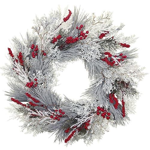20 Inch Misty White Pine Christmas Wreath with Red Berry