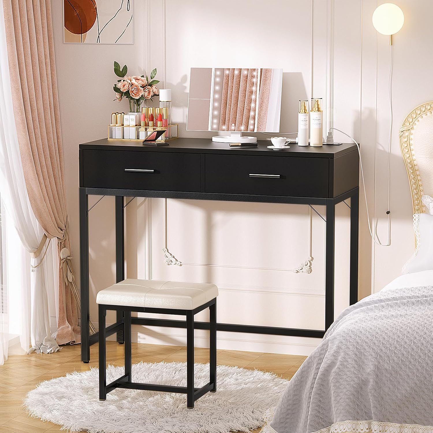Cyclysio Vanity Desk, Vanity Desk with Mirror and Light, Small Vanitys Set with Drawers, Makeup Desk with Power Outlets, 36'' Makeup Vanitys with Stool, Dressing Table, Black