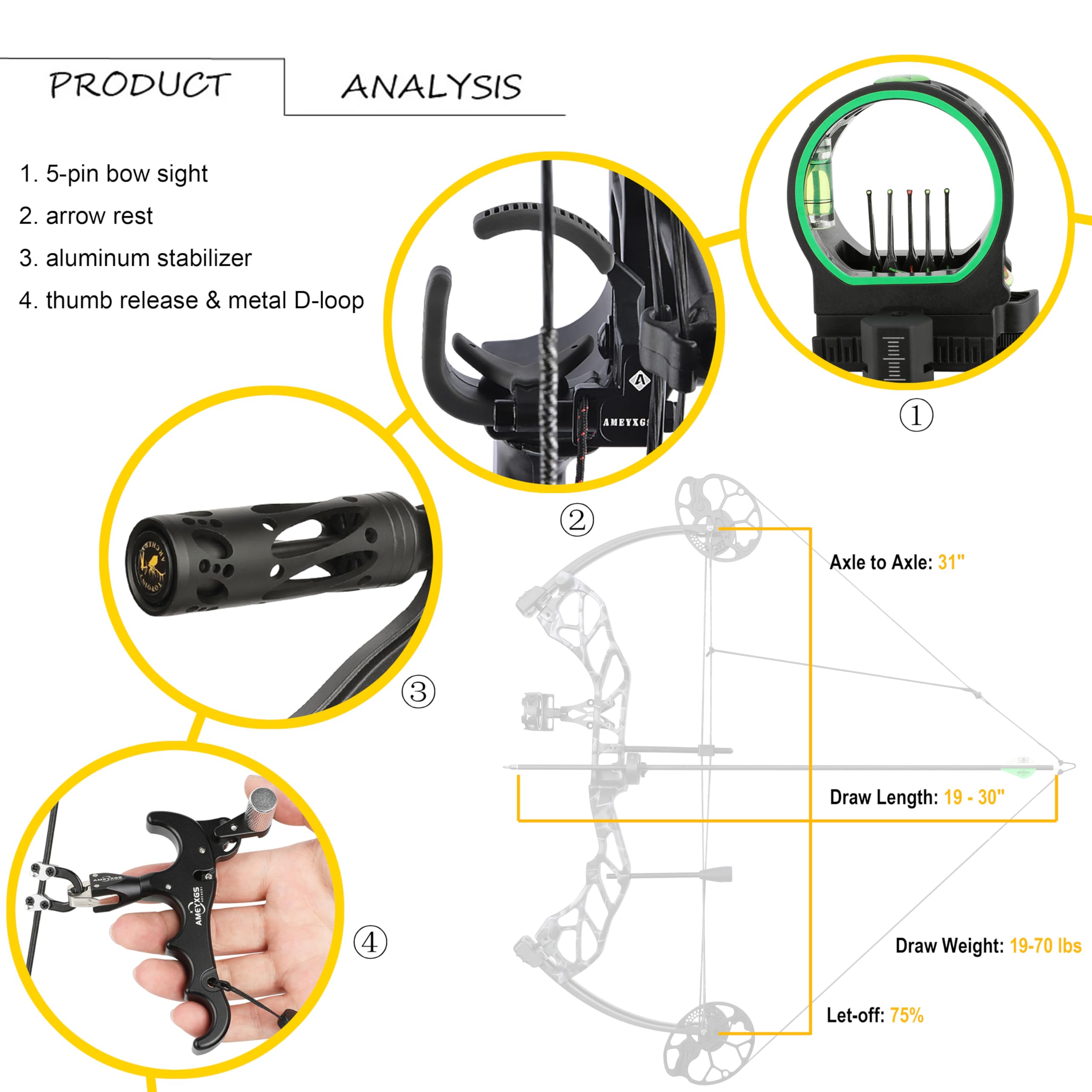 SHARROW Set Arco Compound e Frecce per Adulti e Principianti Caccia e Bersaglio, Peso di Tiro 19-70 libbre, Lunghezza di Tiro 19-30", IBO 320 fps, Kit Arco Compound da Caccia