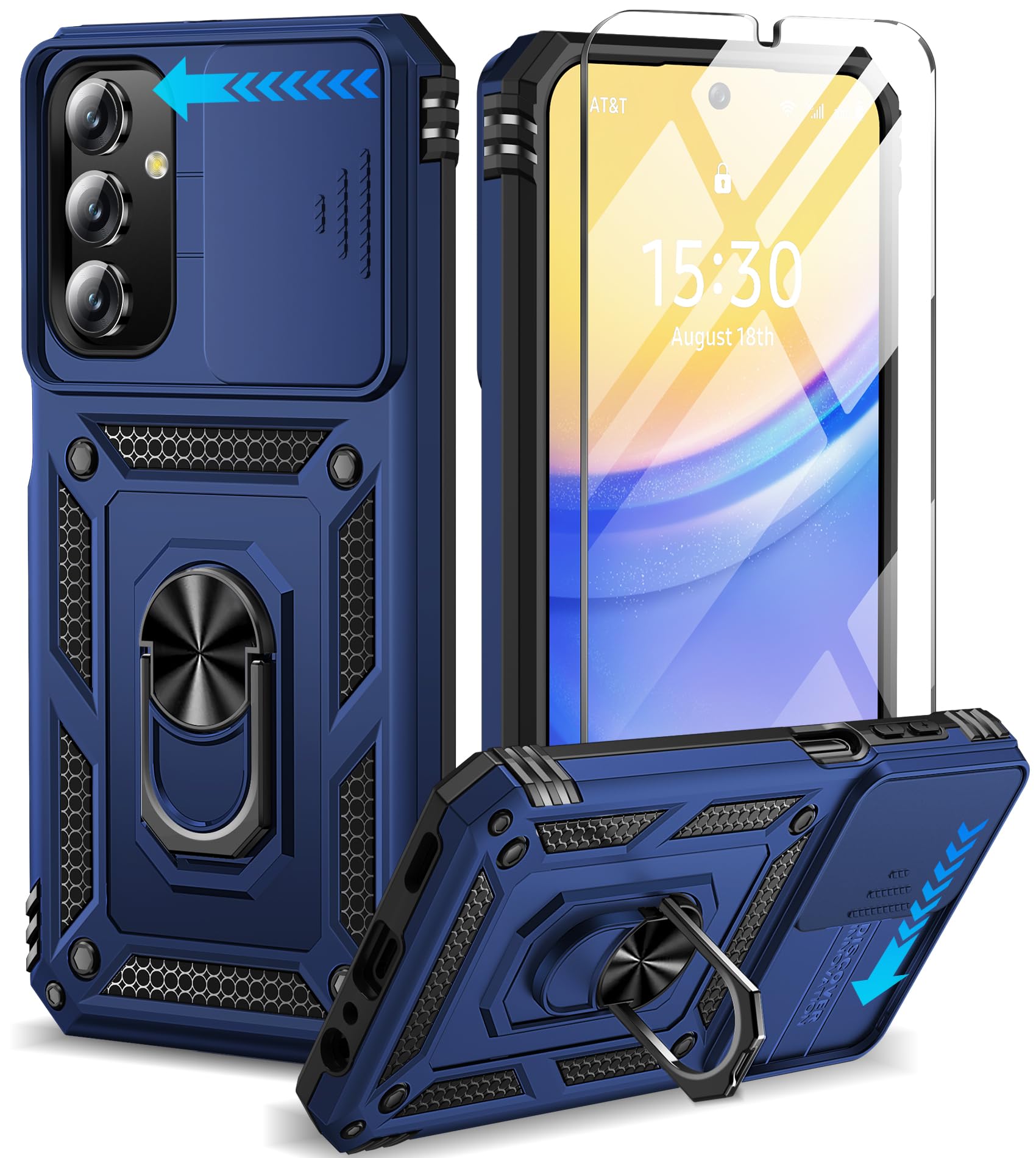 BaHaHoues for Samsung Galaxy A15 5G Case with Screen Protector & Slide Camera Lens Cover,Built-in 360°Rotate Magnetic Ring Stand Shockproof Protective Phone Case for Samsung A15 5G Case (Blue)