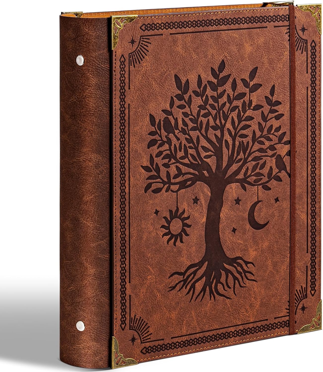 Leather 3 Ring Binder Fits 8.5"x11" Letter Size Paper, 2 Inch Round Ring Binder Holds 500 Sheets, Notepad Paper Cover Loose Leaf Organizer, Brown Tree Brown Tree 2" Ring (10"x12.5")