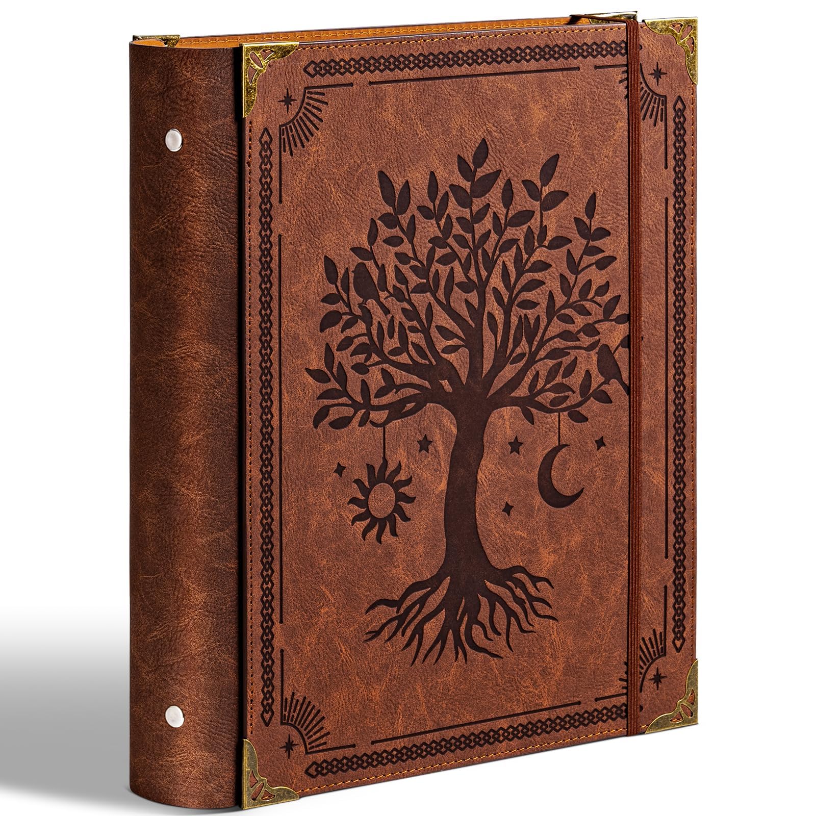 Ovesmusl Leather 3 Ring Binder Fits 8.5"x11" Letter Size Paper, 2 Inch Round Ring Binder Holds 500 Sheets, Notepad Paper Cover Loose Leaf Organizer, Brown Tree