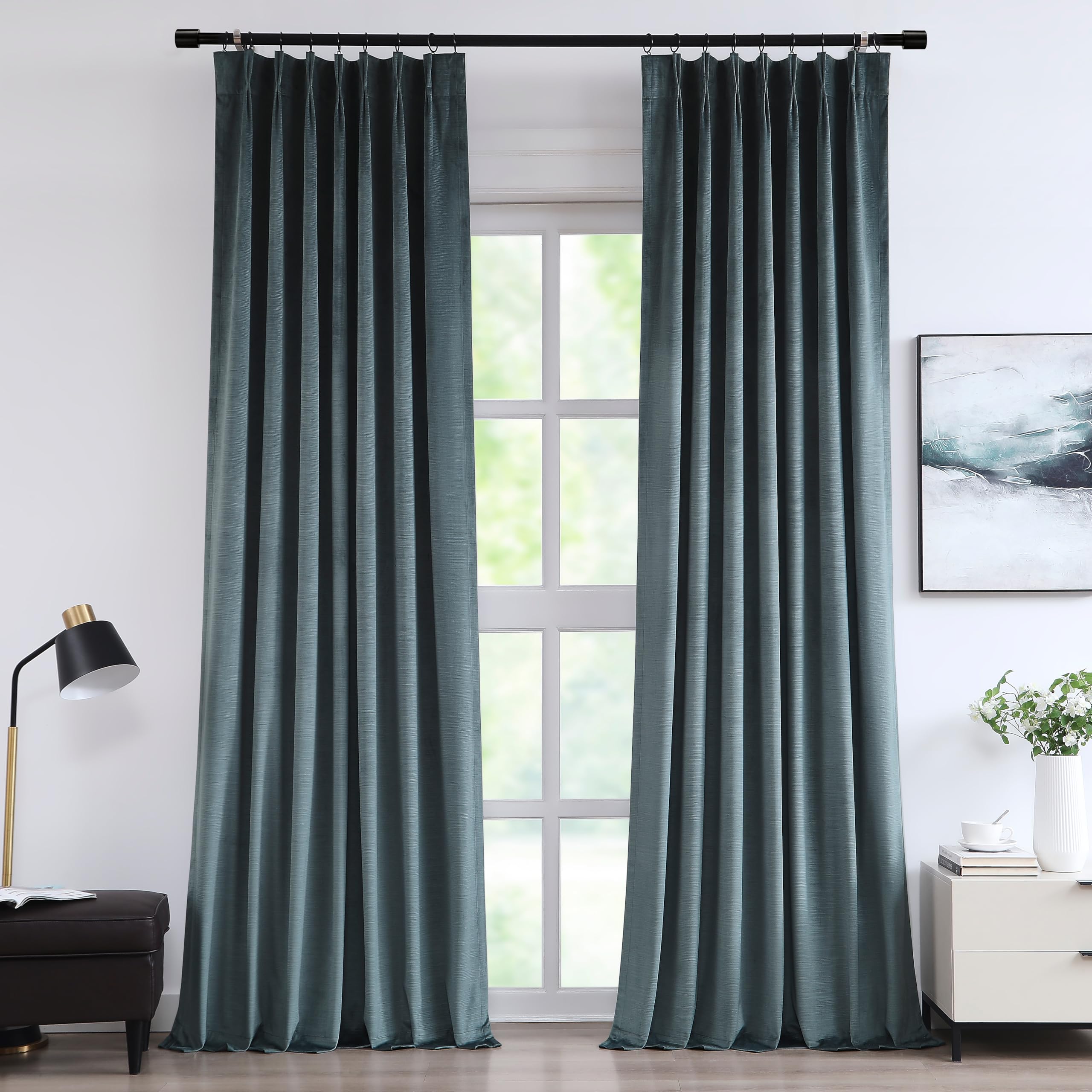 Vision Home Storm Blue Velvet Pinch Pleated Blackout Curtains 95% Room Darkening Window Curtains 102 inch for Living Room Bedroom Thermal Insulated