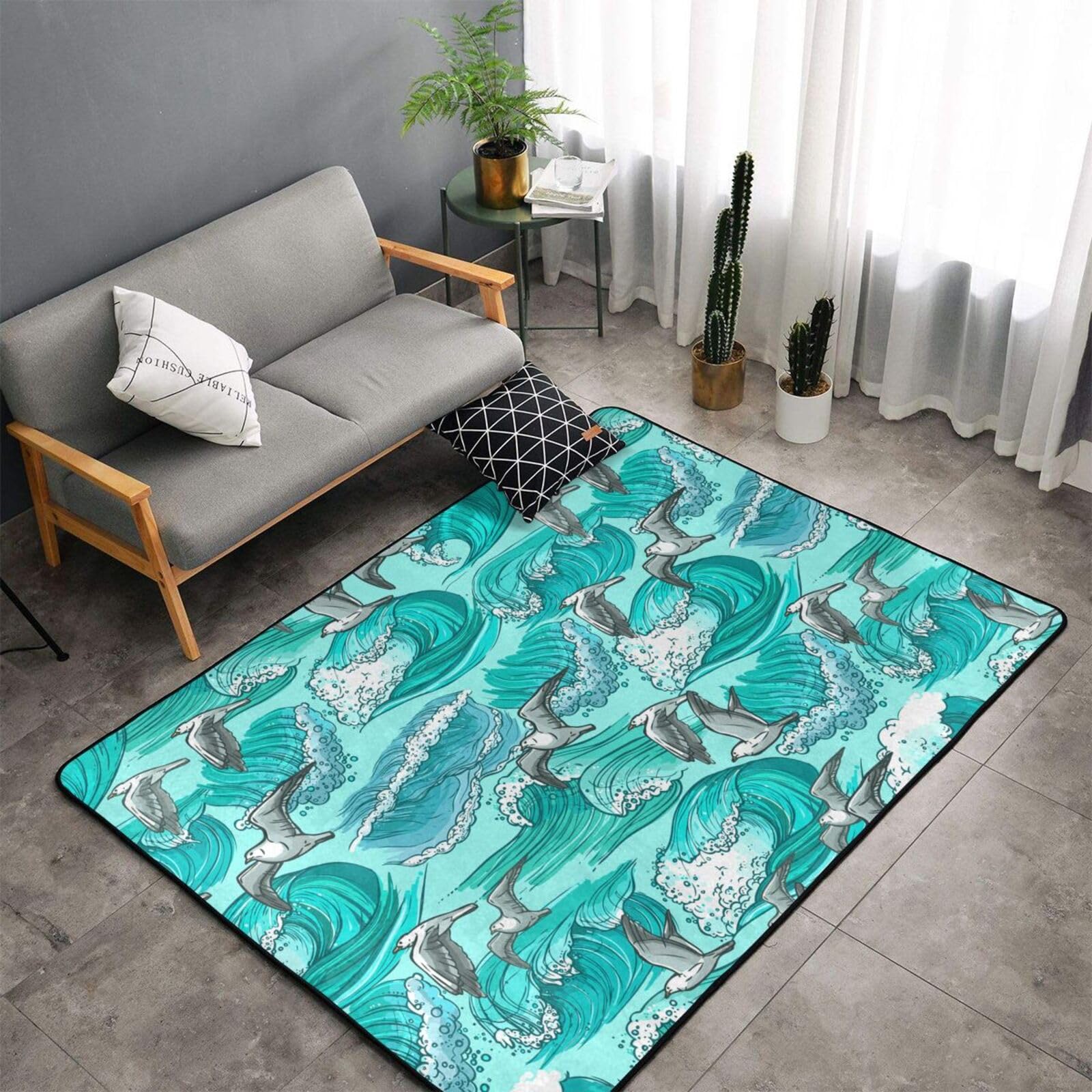 Onde Schizzo Gabbiano Uccelli, Tappeto grande antiscivolo per soggiorno e camera da letto, 150 x 100 cm.