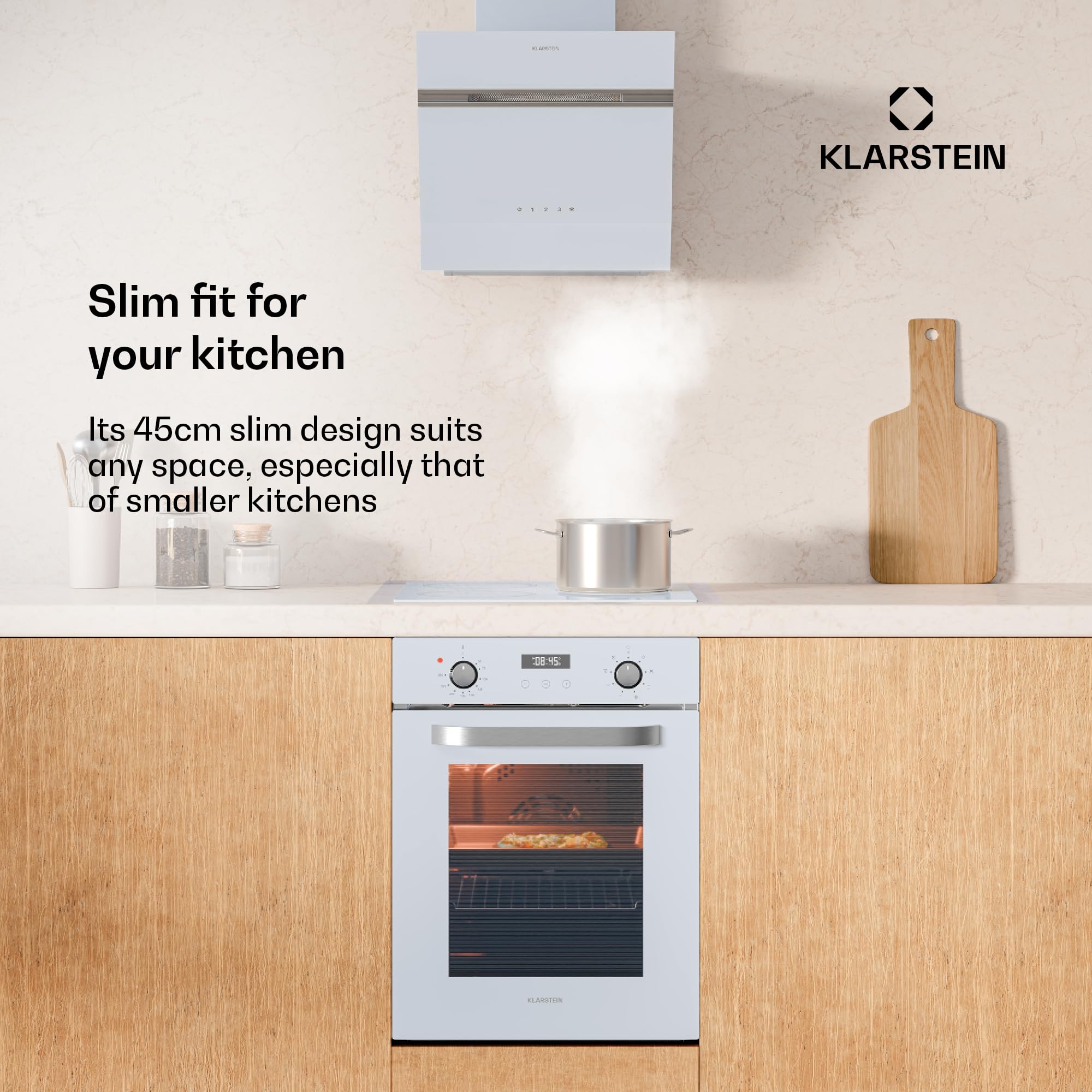 Klarstein SmartSlim Built-in Oven - 49L Electric Oven with 9 Functions, Digital Timer, Steam-Cleaning, Removable Glass Door, Black Tempered Glass, Energy Class A, 45cm — view 2
