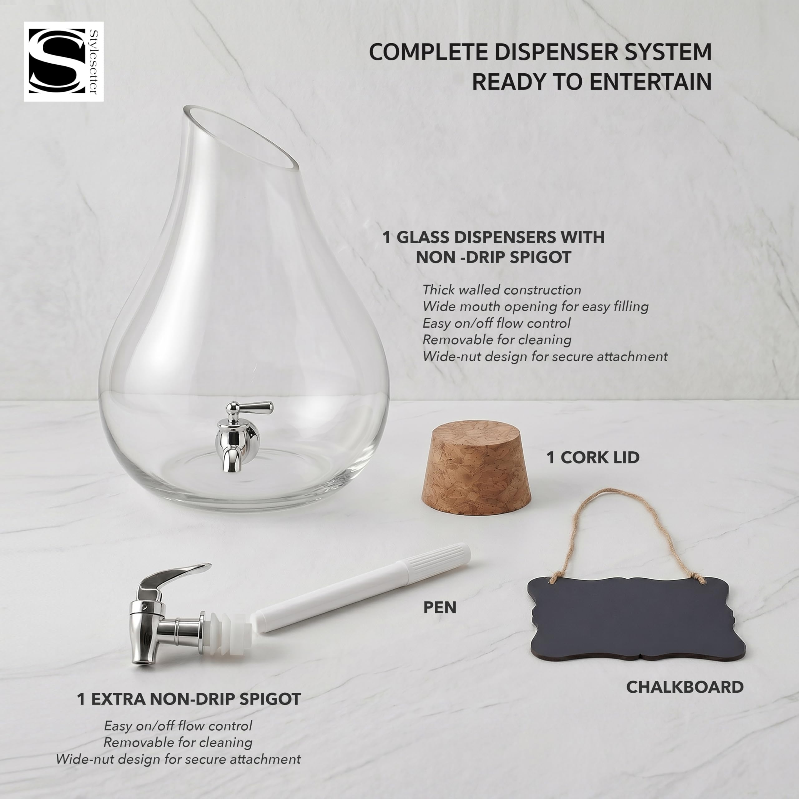 Style Setter Dispensador de bebidas frías de alta calidad con jarra de vidrio de capacidad de 2.5 galones, espiga acrílica a prueba de fugas en una hermosa caja de regalo, ideal para fiestas