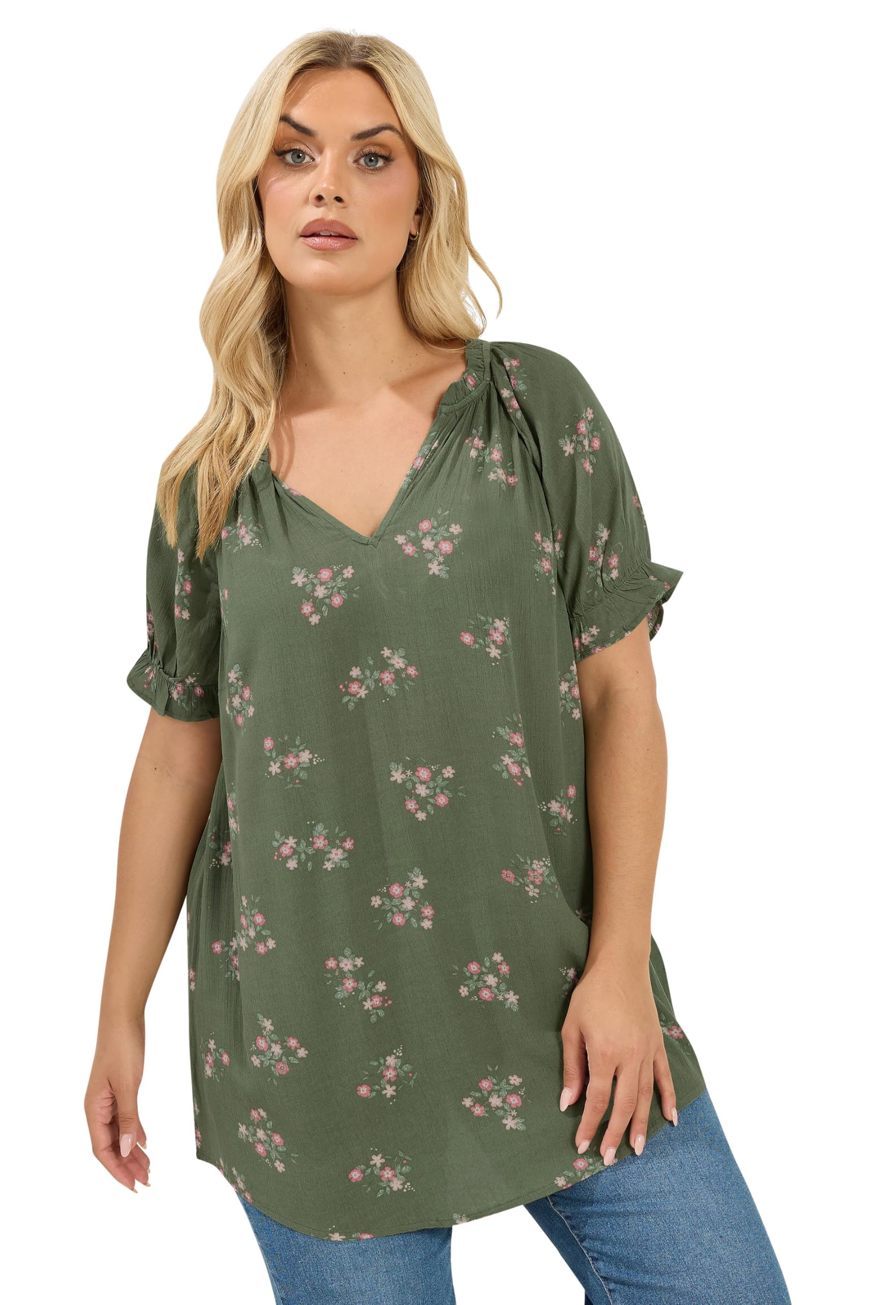 Yours Women's Floral Notch Neck Blouse in Olive | Size: 16