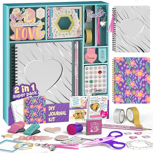 2-Pack DIY Journal Kit - Gifts for Girls Ages 8 9 10 11 12 13 14 Year Old - Cool Birthday Gifts Ideas for Girls - Art & Crafts for Tween Kid - Teen Girls Trendy Stuff - Scrapbook & Diary Supplies Set