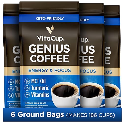 Vista 59 de VitaCup Genius - Café molido keto con cúrcuma, aceite MCT, vitaminas B, D3, café molido tostado medio oscuro, audaz y suave, granos de café 100%