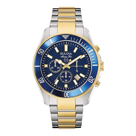 Bulova Relógio masculino Marine Star cronógrafo de quartzo, marcadores luminosos, mostrador giratório, 100 m, resistente à água, 43 mm, Mostrador de dois tons de ouro/azul, Pulseira de aço inoxidável de dois tons com cronógrafo de estrela marinha