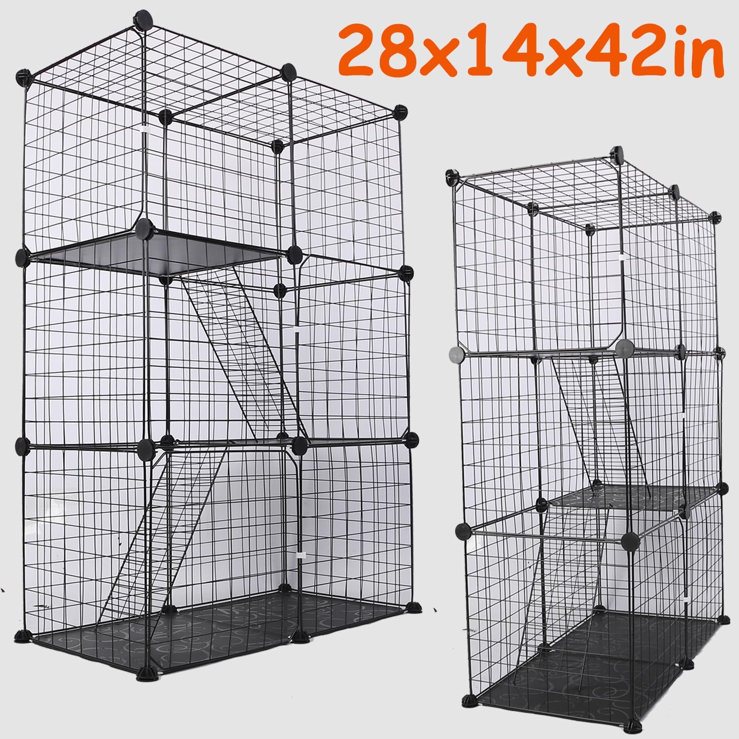 Generic Ecoool 3-Tier Cat Cage, Cats Metal Playpen Box Crate Kennel - 28"" L x14 W x 42"" H Indoor Cat House Enclosure Small Animal Exercise and Rest Place with 3 Doors & 2 Ladders, Black