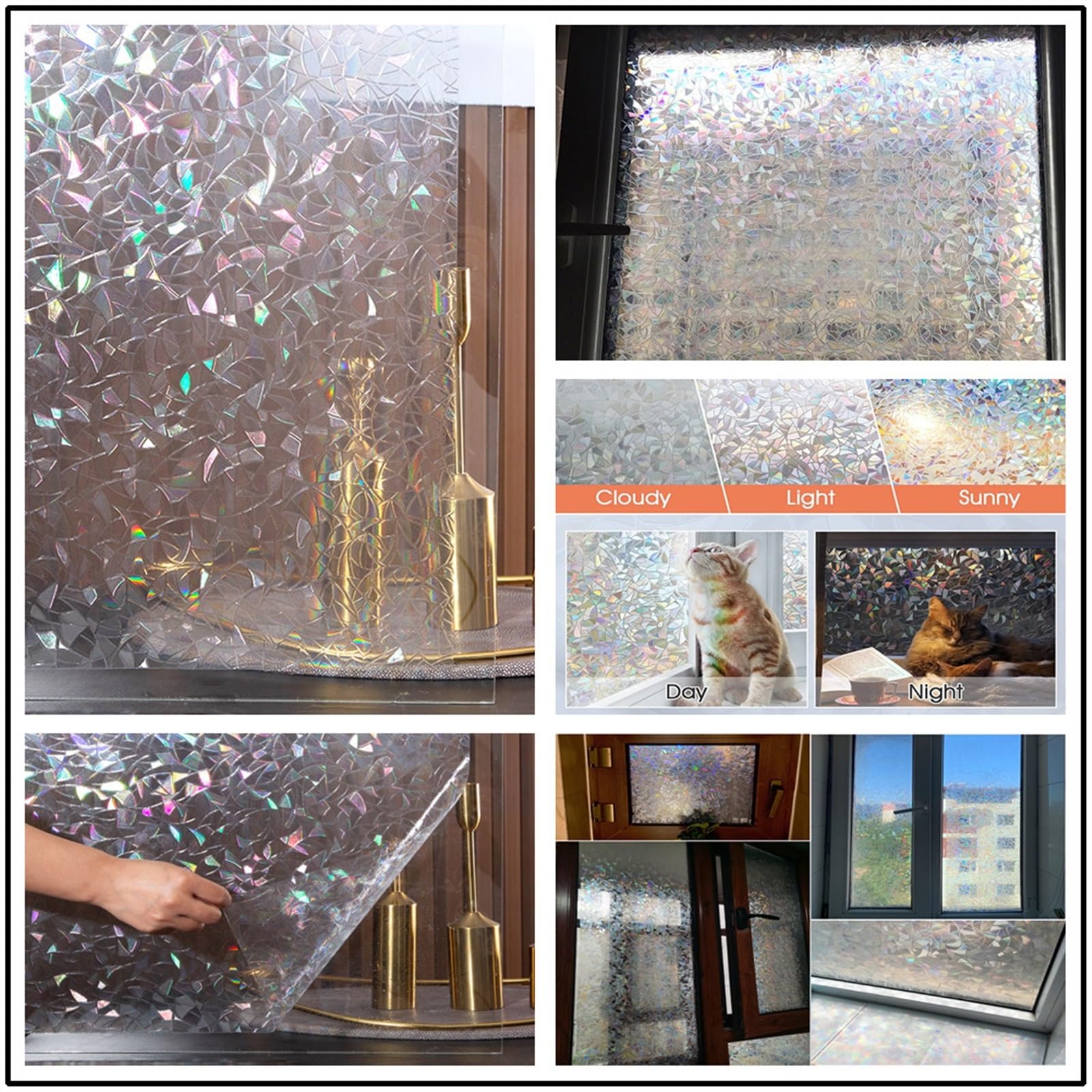 Sichtschutz-Fensterfolie Fenster-Sichtschutzfolie, 3D-Vinyl, nicht klebend, statisch haftend, Dekor, Fensteraufkleber, Wärmeregulierung, Anti-UV-Glastürfolie for die Heim- und Bürodekoration Buntglas-