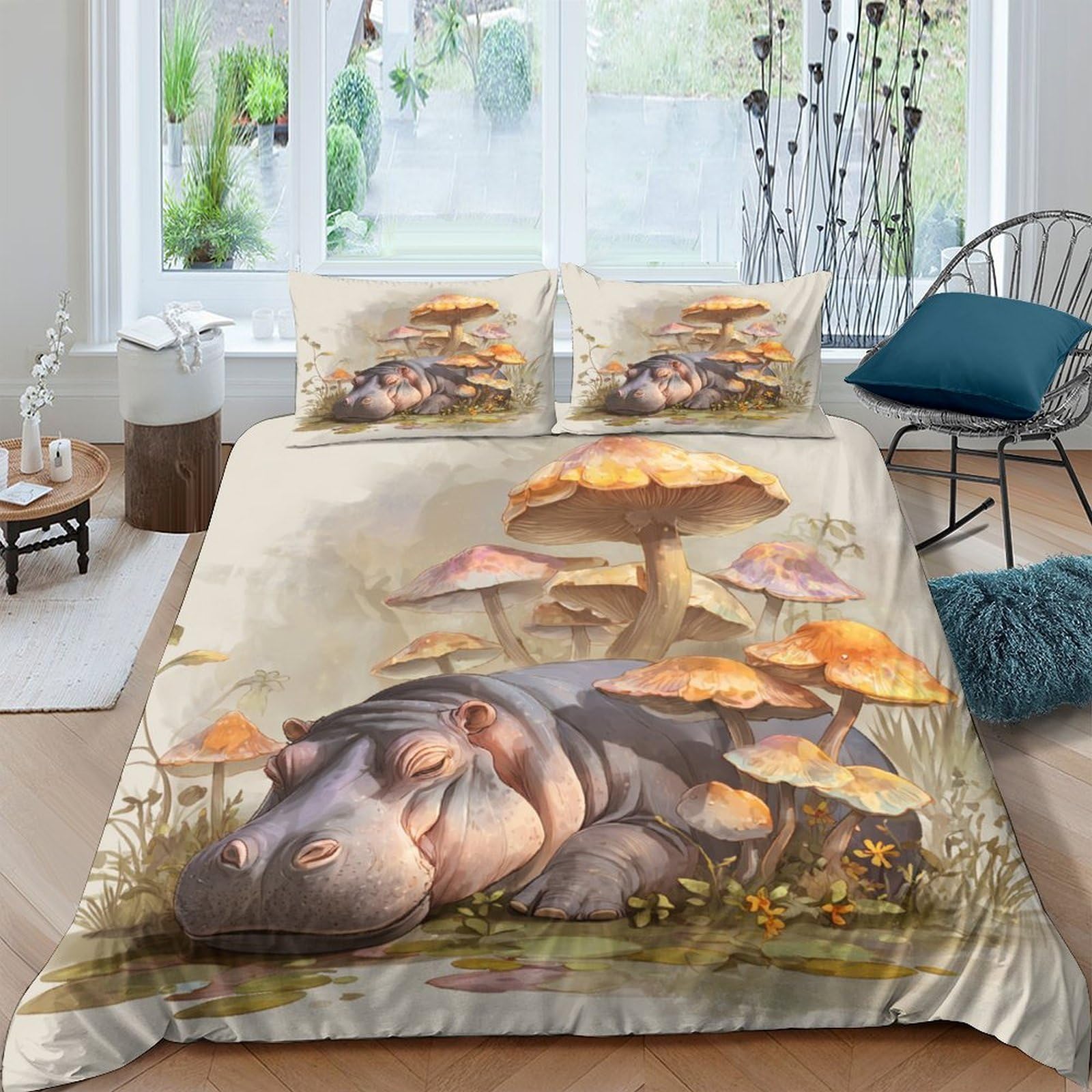 Ctjqhvkz Style-10 3D Printed Sleeping Hippo Fitted Sheet Microfiber Soft Breathable Mushroom Meadow Mattress Cover For Bedroom Guest Room Decor Single（135X200cm）