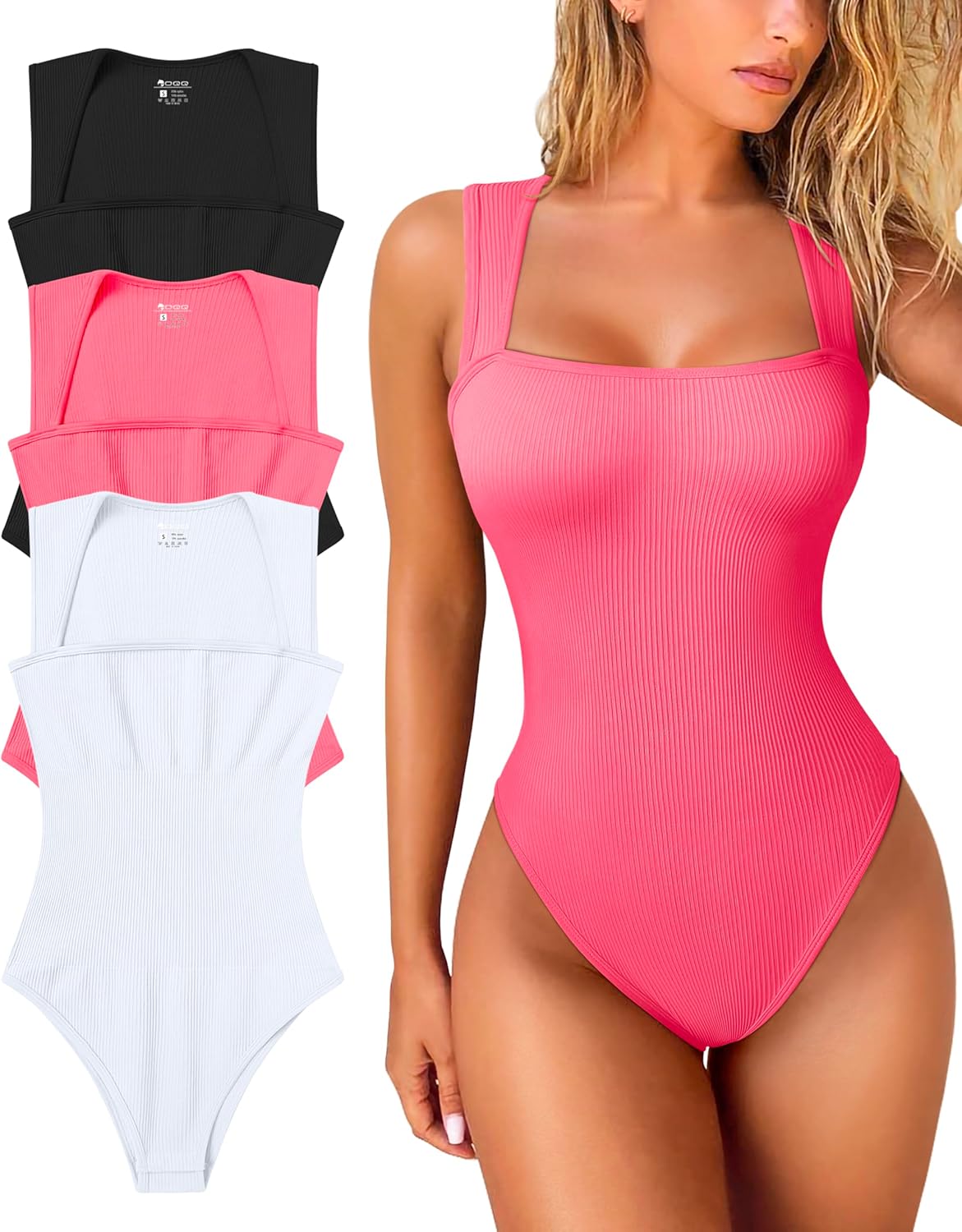 OQQ Women's 3 Piece Bodysuits Sexy Ribbed Strappy Square Neck Sleeveless Tummy Control Tank Tops Bodysuits Black,fluorescent Pink A,white Large