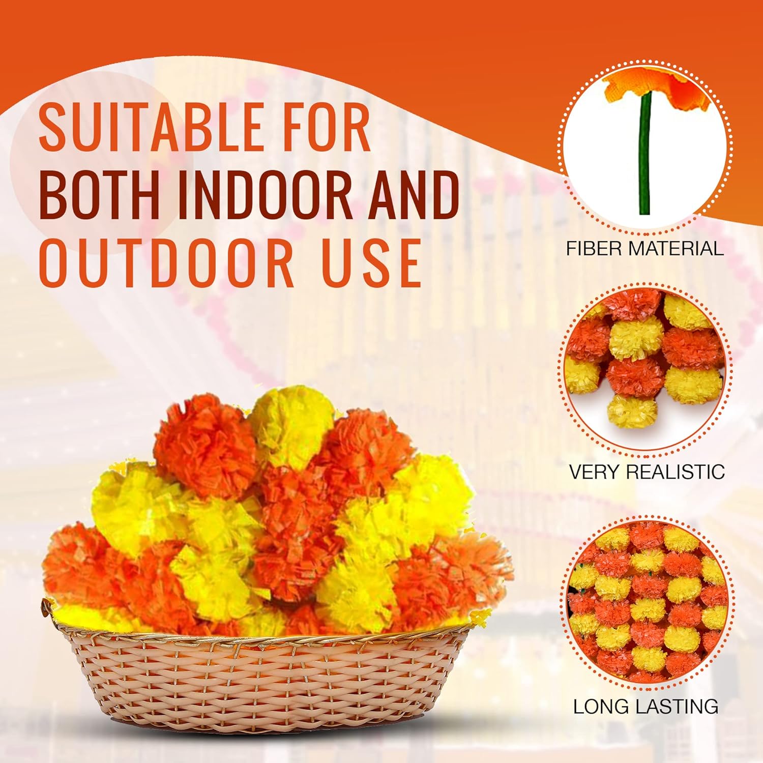 DIYANA IMPEX Marigold Garland for Decoration 5 Pcs of 5 feet Long Strands Artificial Marigold Flowers, Indian Décor for Pooja, Wedding Christmas, Events Decorations