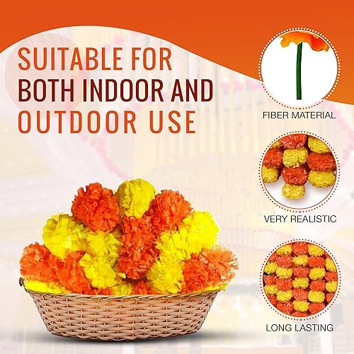 Vista 4 de Guirnalda de caléndula para decoración, 5 piezas de 5 pies de largo, flores artificiales de caléndula de caléndula, decoración india para Pooja