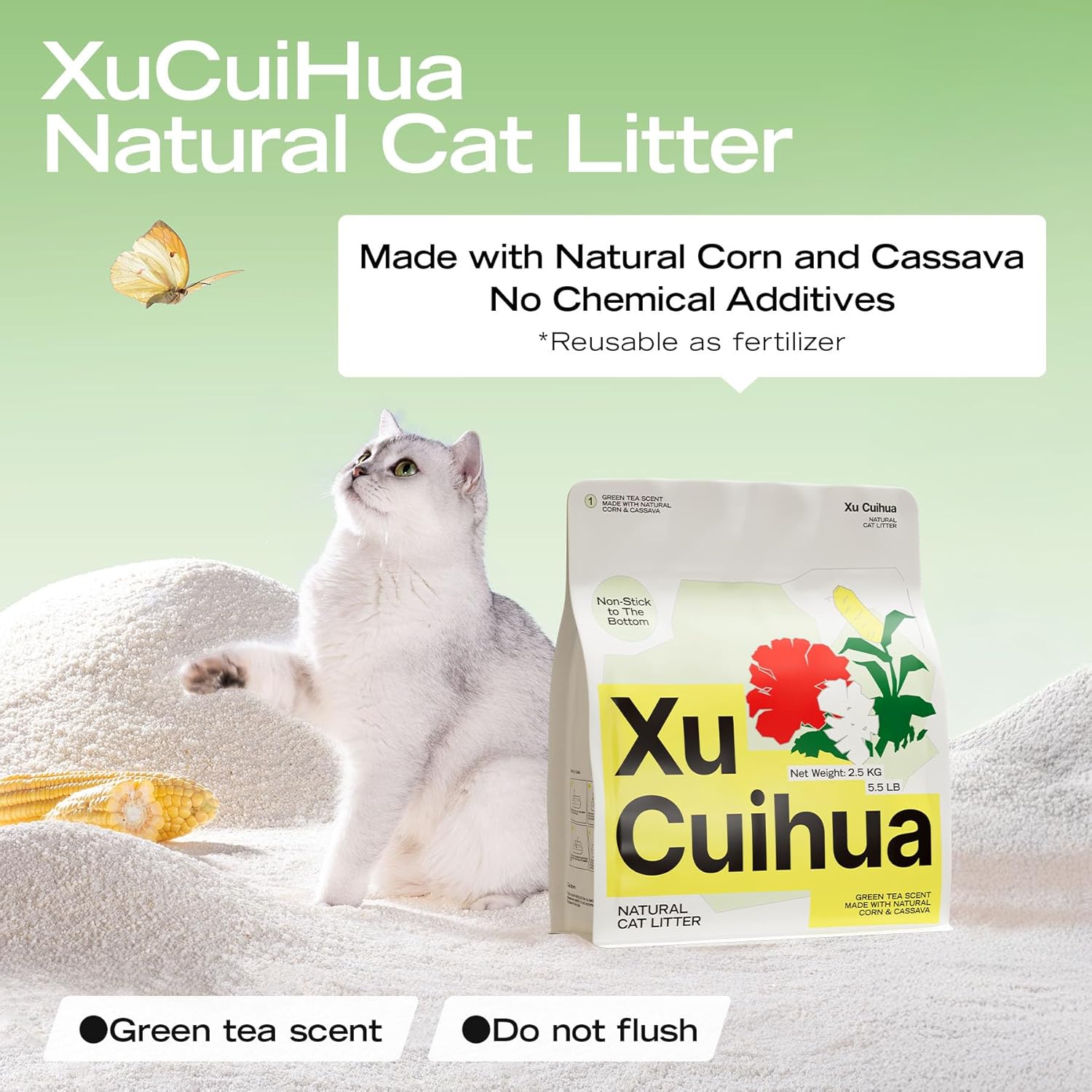 Natural Cat Litter Green Tea Scent, Plant-Based, Strong Clumping Litter, Odor Control, Easy Scooping, Clumps Lift Cleanly, Low Dust, Corn & Cassava Litter, 16.5 LB (5.5 LB x 3 Bags)