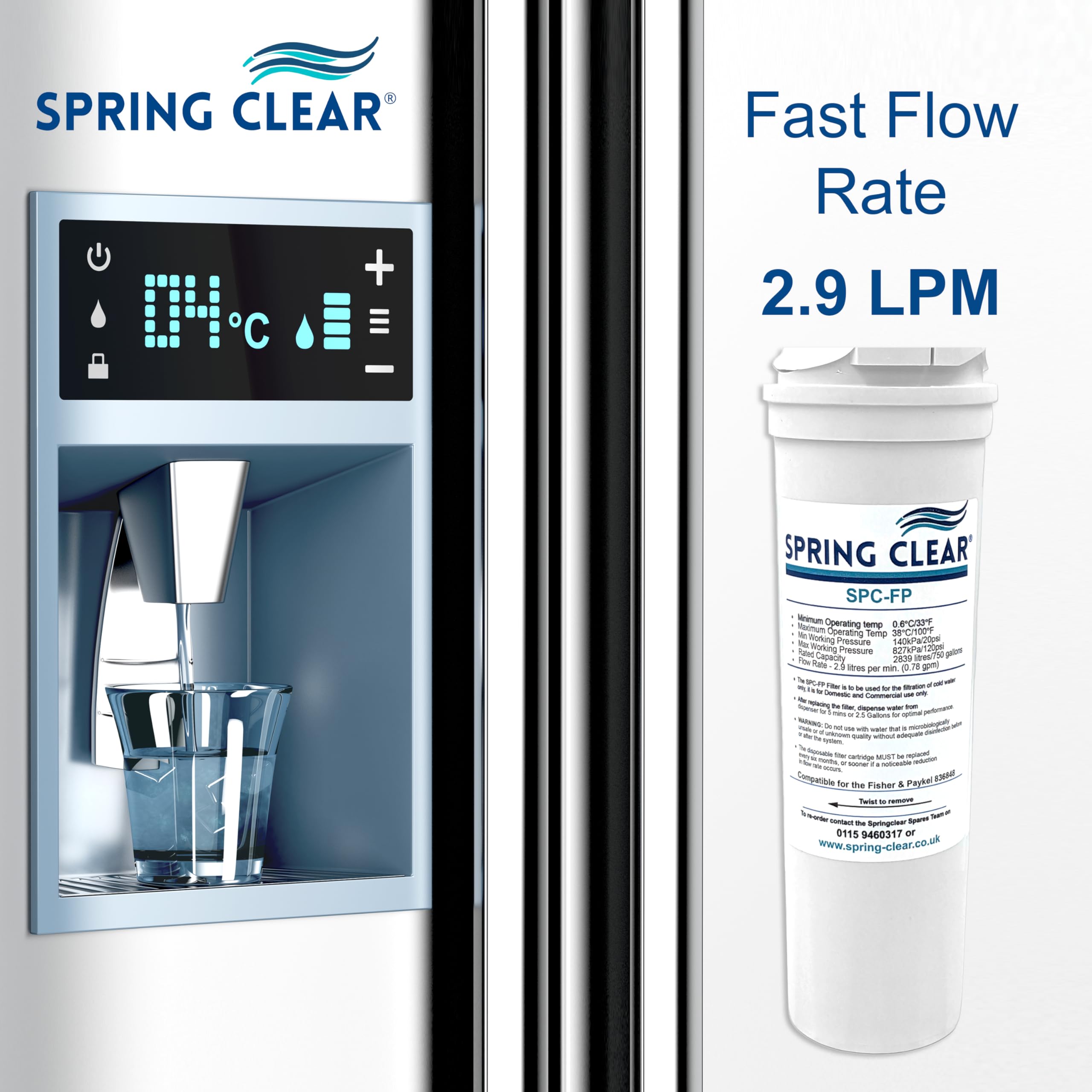 Spring Clear SPC-FP - Cartucho de filtro de agua para nevera compatible con Fisher & Paykel 836848, Whirlpool, Smeg, Beko, Brita y más, reduce el olor y el sabor del cloro (paquete de 4)