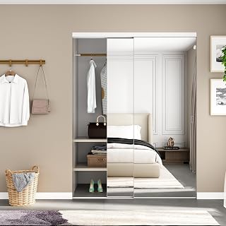 JUBEST 60x80 Mirror Sliding Closet Door with Steel Frame & Hardware Kit - Shatter-Proof Bypass Closet Doors, Easy Install