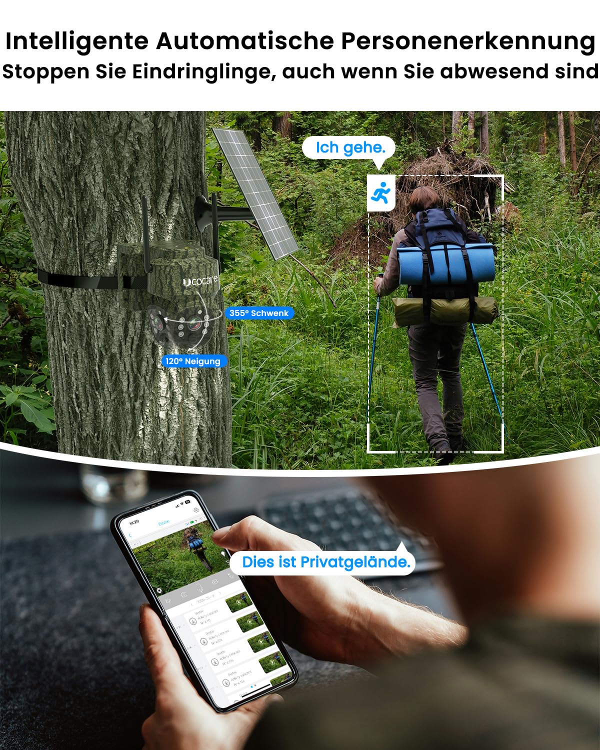 UCOCARE 4MP Wildkamera mit SIM-Karte 4G LTE Solar Überwachungskamera Outdoor 15000mAh 8W Solarpanel KI-Bewegungserkennung Tracking Farbnachtsicht