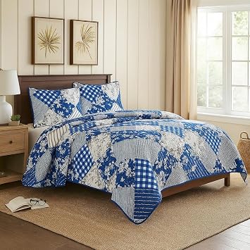 DBOZE Reversible Cotton Blend 3-Piece Embroidery Pattern Elegant Bedding Quilt Set with Embroidered Decorative Shams Soft Bedspread &Coverlet Set Blue, Queen
