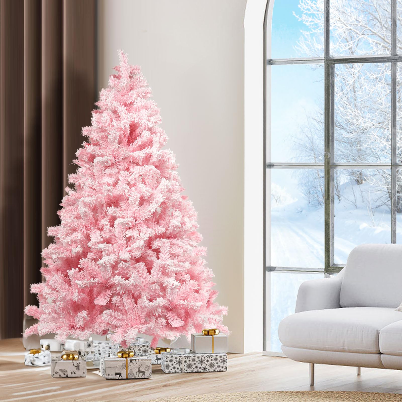 Sapin de Noel Artificiel 150 cm Rose avec Décoration Floquée Dodue avec Flocons de Neige, 600 Feuilles de Pin Pointues en PVC et Base Stable, Sapin de Noël pour Décorations de Noël