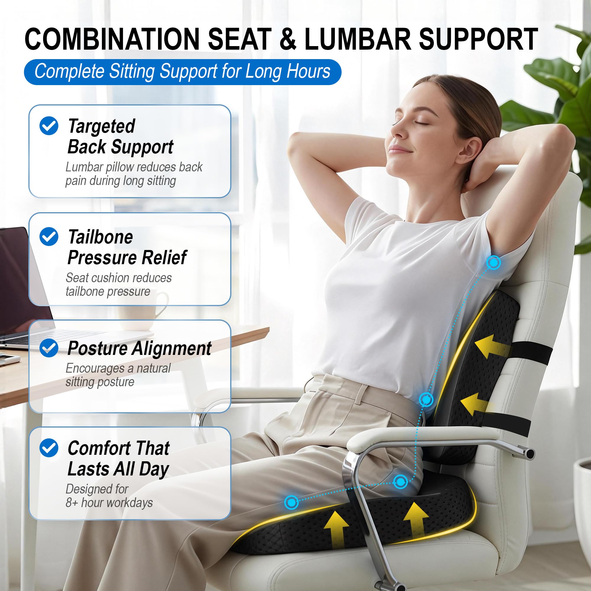 Cojines traseros y cojines de asiento: cojín de espuma viscoelástica para asiento de coche con cojín de apoyo lumbar para una conducción prolongada, cojín de silla de oficina para alivio del dolor