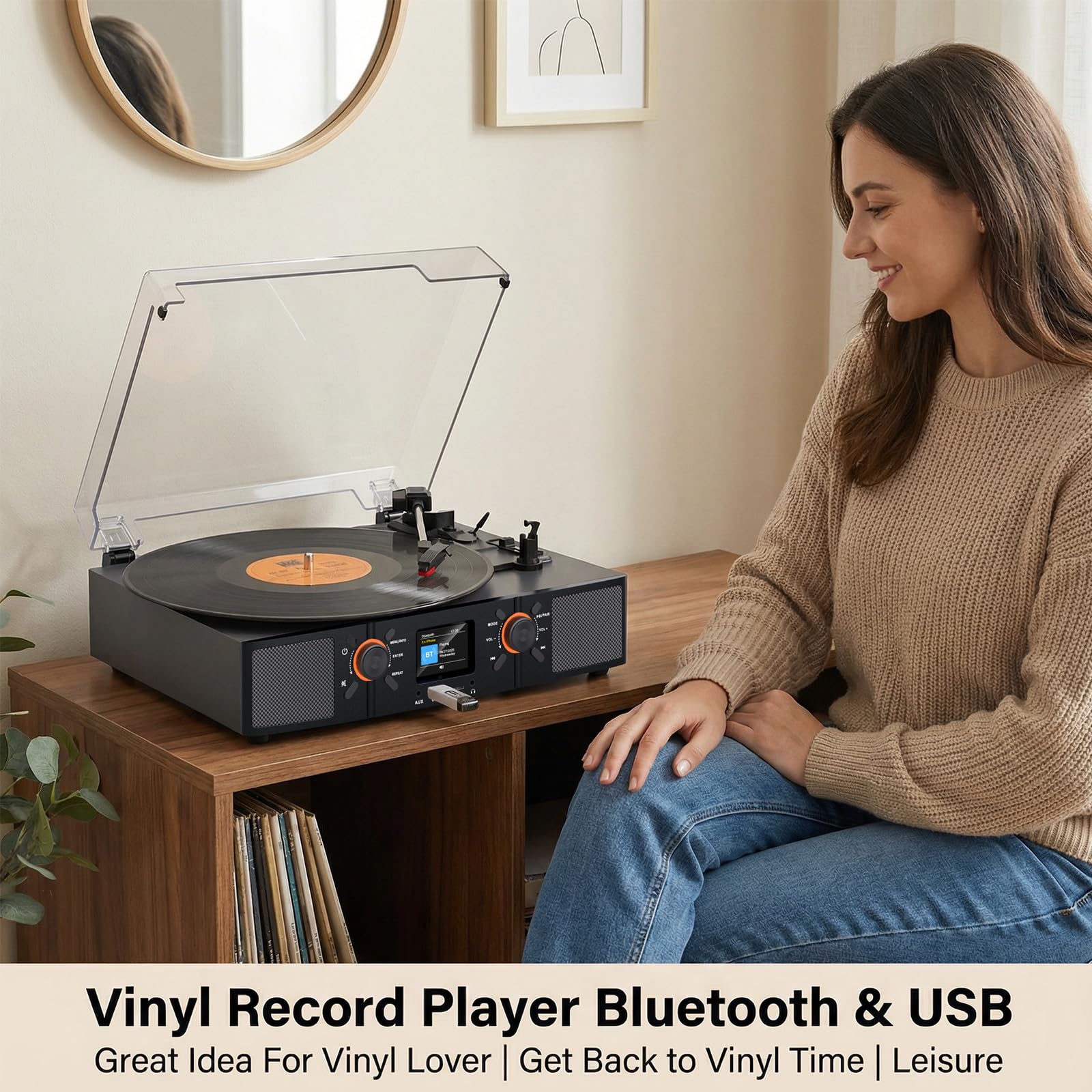 Giradischi in vinile con altoparlanti integrati, giradischi Bluetooth con trasmissione a cinghia a 3 velocità con display LCD, riproduzione USB, orologio, RCA, AUX e jack per cuffie, grigio