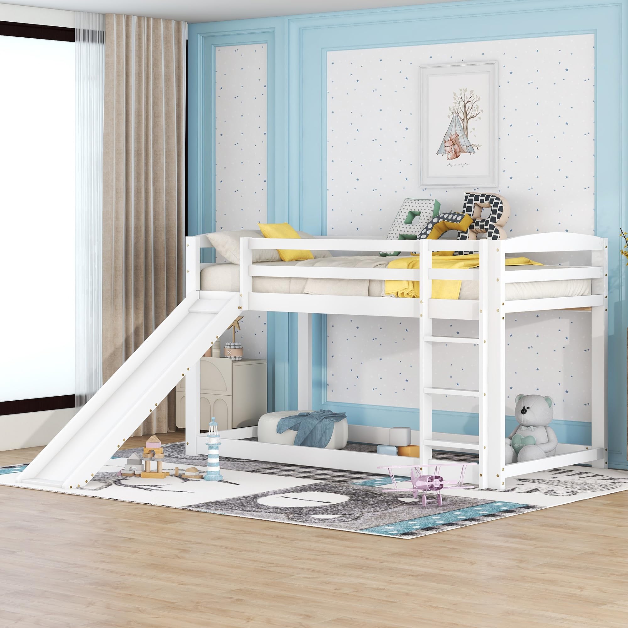 Azkoeesy Litera Infantil de 90 x 200 cm con tobogán y somier, con protección anticaída, Cama Individual, Cama para Adolescentes, Madera de Pino, Color Blanco.