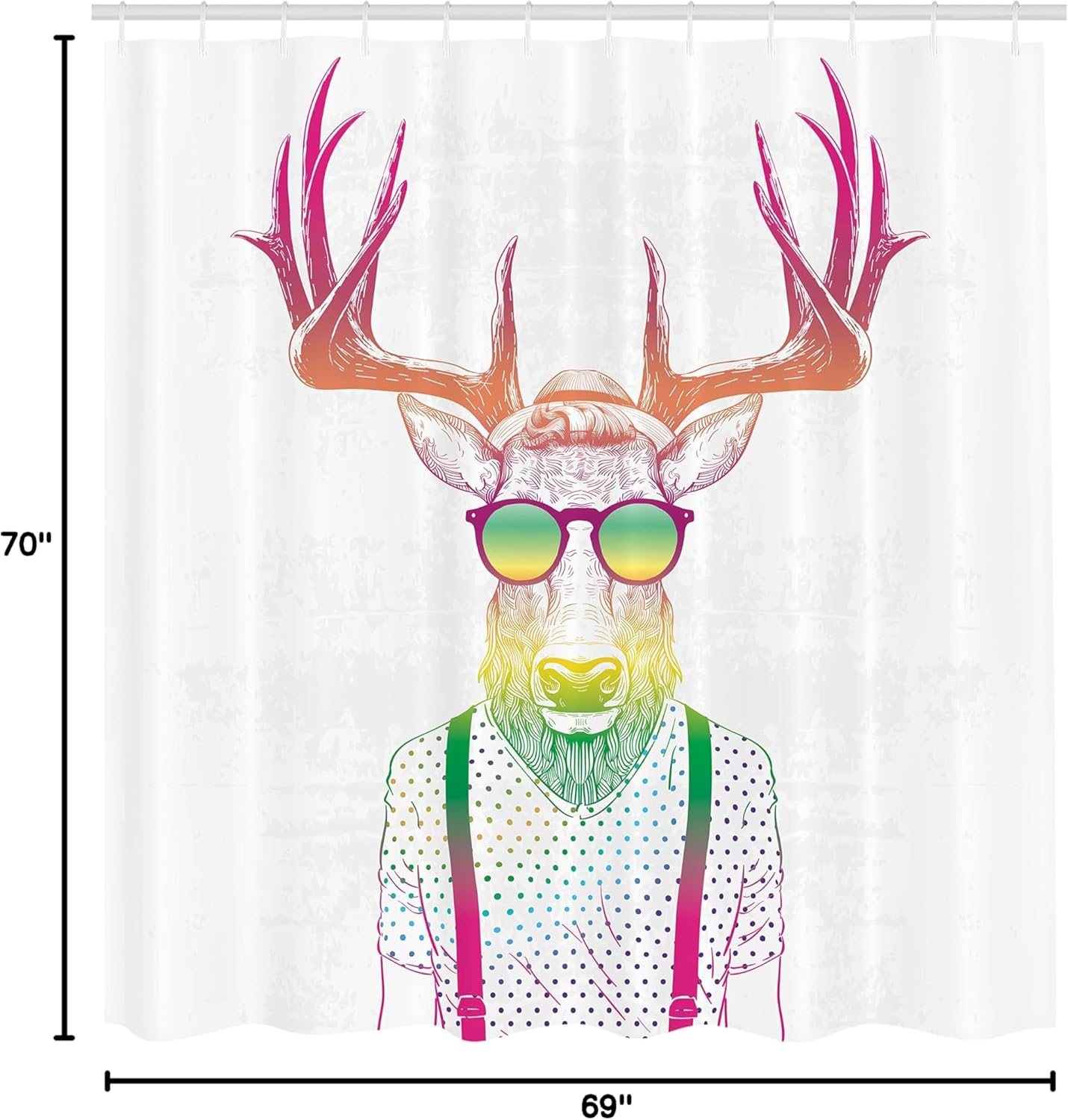 Ambesonne Antlers Shower Curtain, Illustration of Deer Dressed up Like Cool Hipster Fashion Creative Fun Animal, Cloth Fabric Bathroom Decor Set with Hooks, 69" W x 70" L, Magenta Green