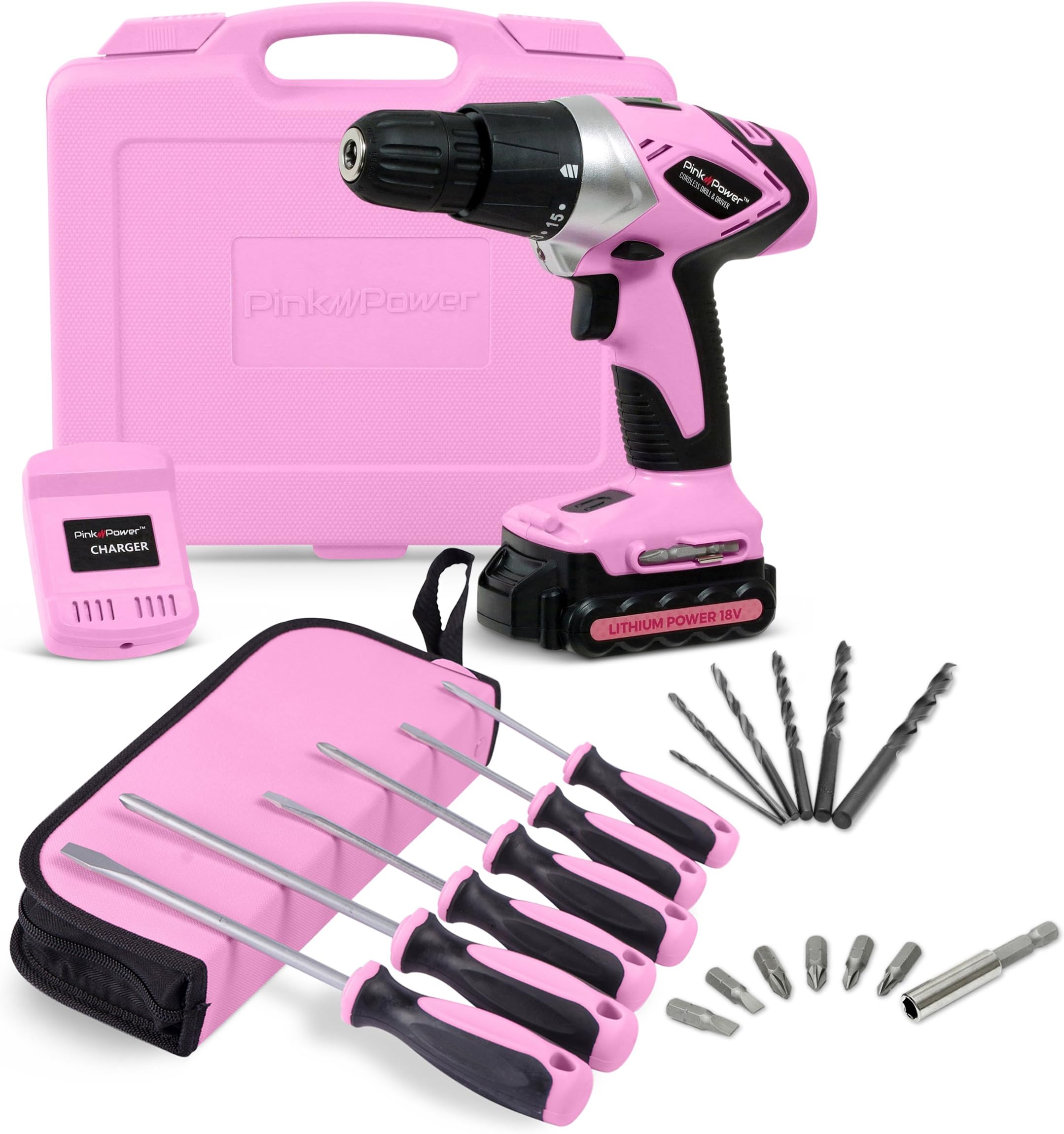 Pink Power PP181LI 18 Volt Lithium-Ion Cordless Electric Drill Kit & 6 Piece Screwdriver Set for Women