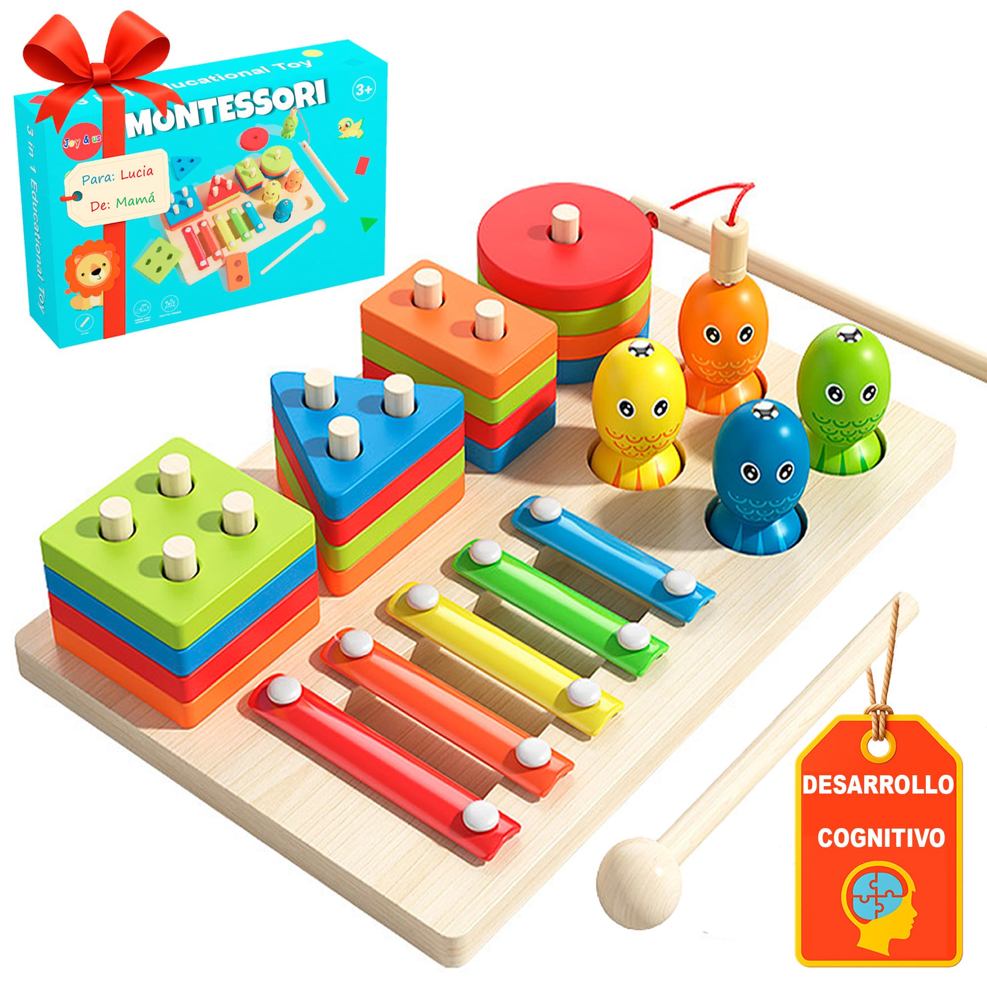 Juguete Montessori Sensorial Educativo 1 2 3 Años Regalo Cumpleaños Infantil Niño Niña Madera con Xilofono Pesca Magnetica Motricidad Fina Colores Apilar Encajar Educacion Temprana Tea Autismo