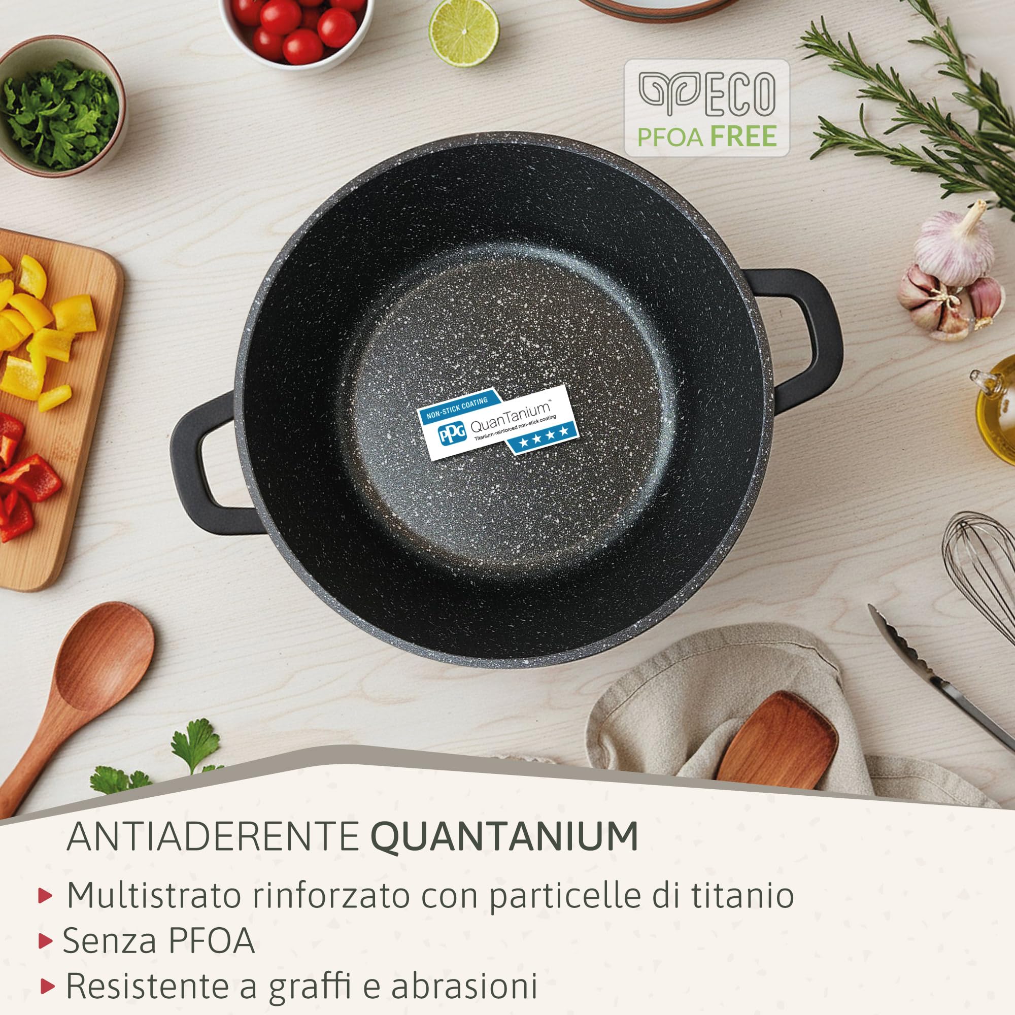 briebe Black Titanium Pentola Induzione Antiaderente Titanio, Casseruola 28cm, Alluminio Fuso, Rivestimento senza PFOA, Coperchio Vetro, Maniglie in Silicone, Vetroceramica, Gas, Forno