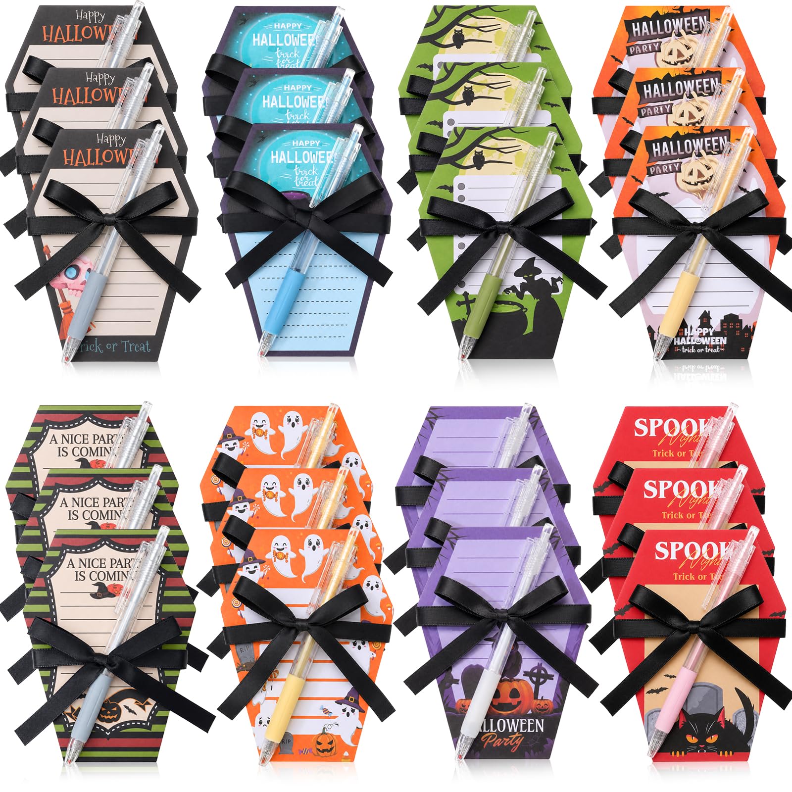 Honoson 48 foglietti adesivi per Halloween e penne autoadesive, set regalo per ufficio, zucca, fantasma, gatto, divertente, strano, spettrale, per adulti, colleghi, forniture per ufficio, 8 stili