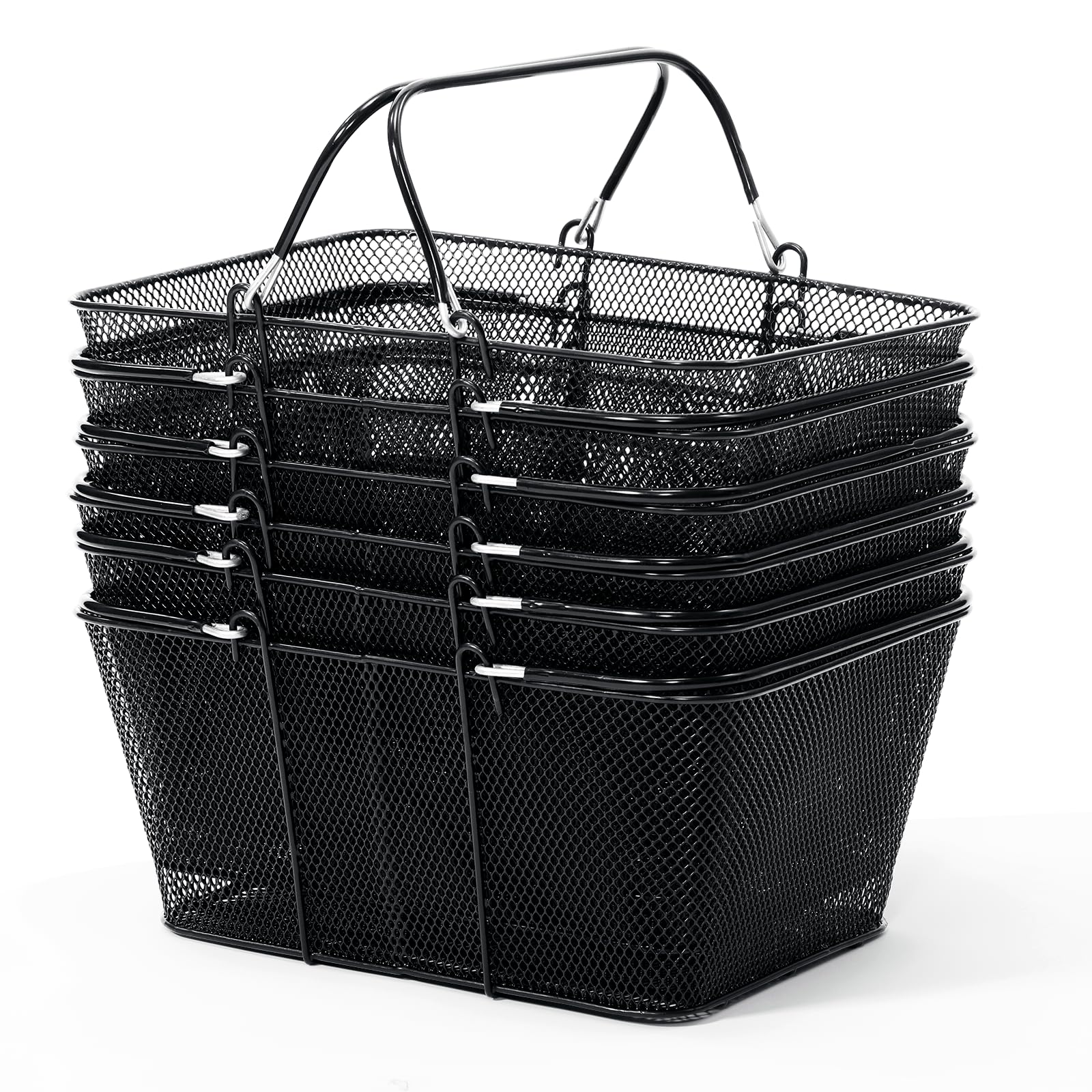 6 cestas de la compra, cesta de la compra con asas de metal negro, cesta de la compra de malla de alambre portátil para tienda minorista, comestibles, cocina, supermercado, jardín
