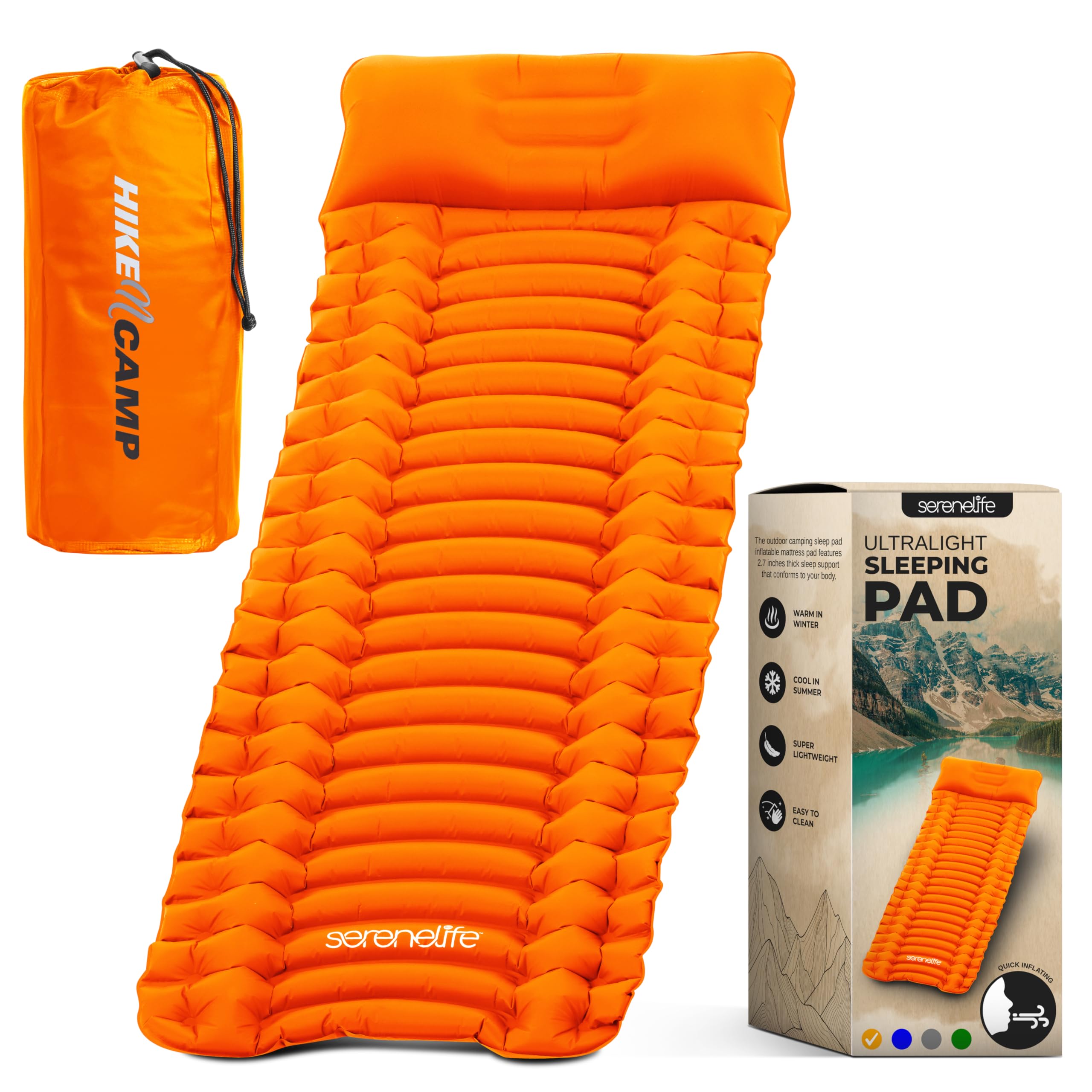 SereneLife Lightweight & Compact Camping Gear – Sleeping Pads & Bags with Built-in Pillows for Outdoor Comfort, Waterproof & Tear-Resistant Design, Perfect for Hiking, Backpacking, Couples & Solo Use