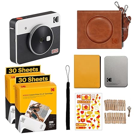 Kodak Mini Shot 3 Retro 3x3? Portable Wireless Instant Camera & Photo Printer, Compatible with iOS, Android & Bluetooth, 4Pass Technology & Laminated Finish (Printer + Gift Pack, White)