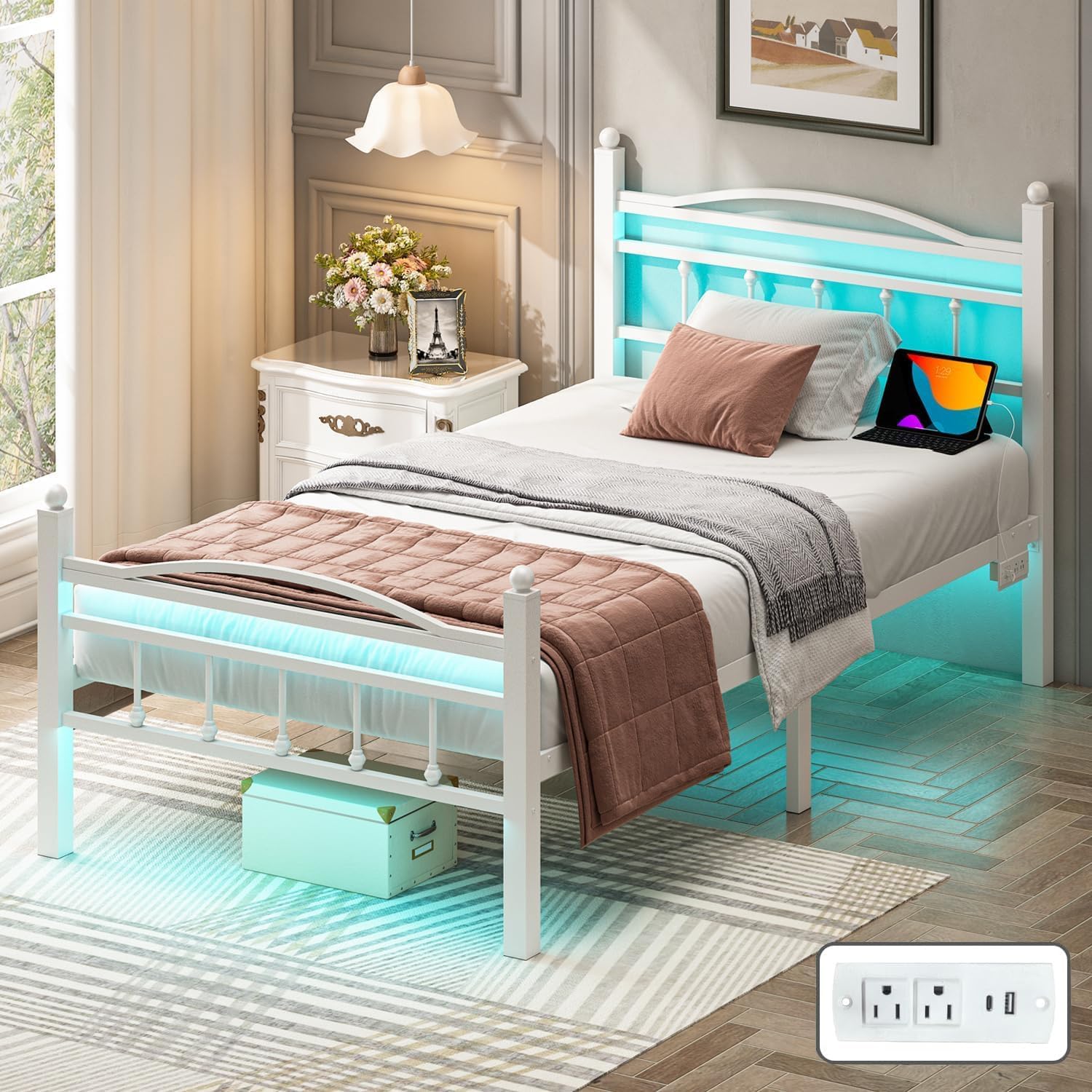 Twin Bed Frames with Headboard, LED Bed Frame with Charging Station, Metal Platform, Under-Bed Storage, No Box Spring Needed, Noise Free, Easy Assembly, White White Twin