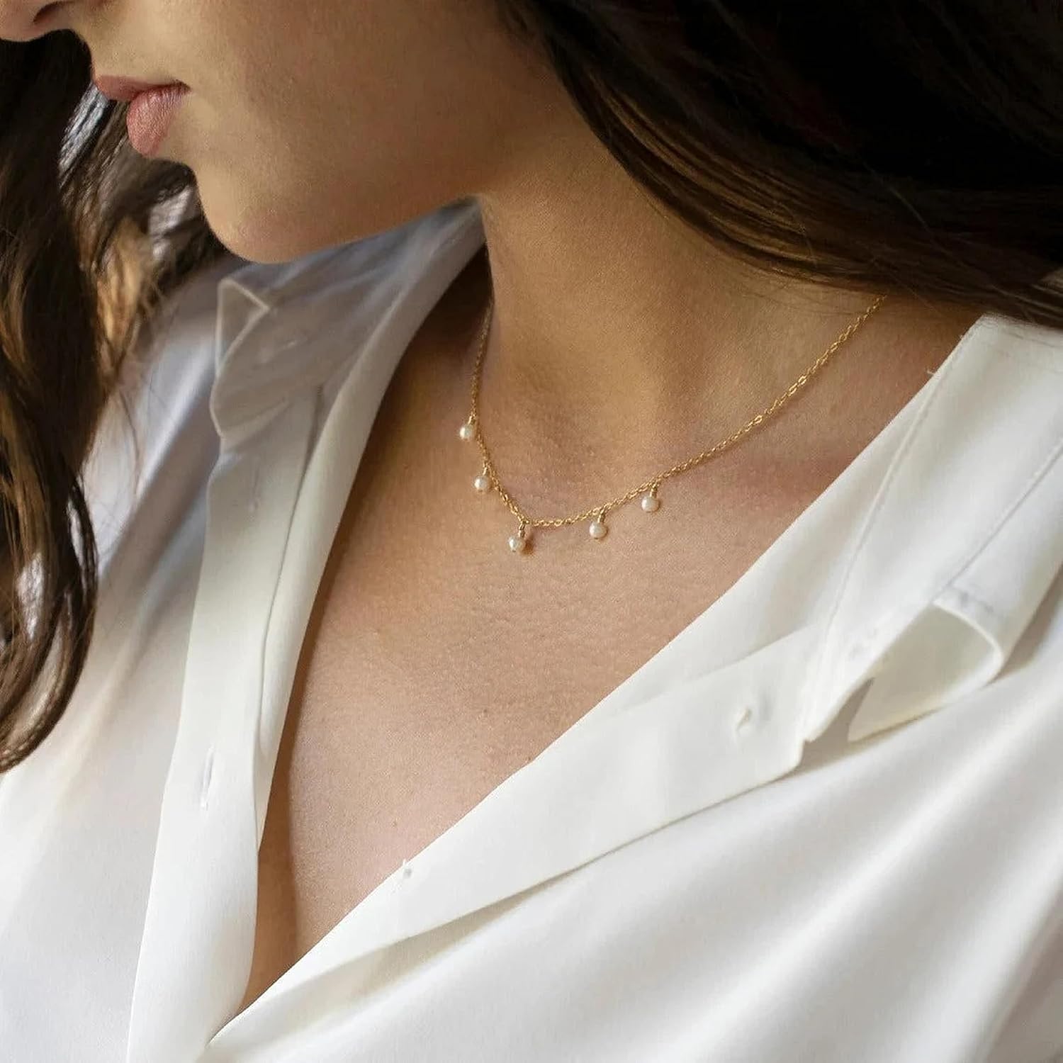 Collner Dainty Pearl Choker - 14K Gold/Silver Plated Layered Freshwater Pearl Necklace - Everyday Jewelry Gift - Image 3