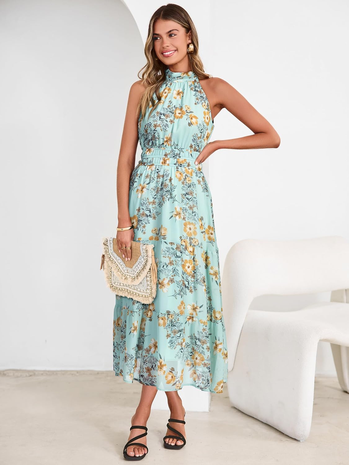 Simplee Womens Summer Halter Wedding Guest Dress Maxi Floral Vacation Boho Sundresses Flowy Formal Long Travel Dresses 2026 image 2