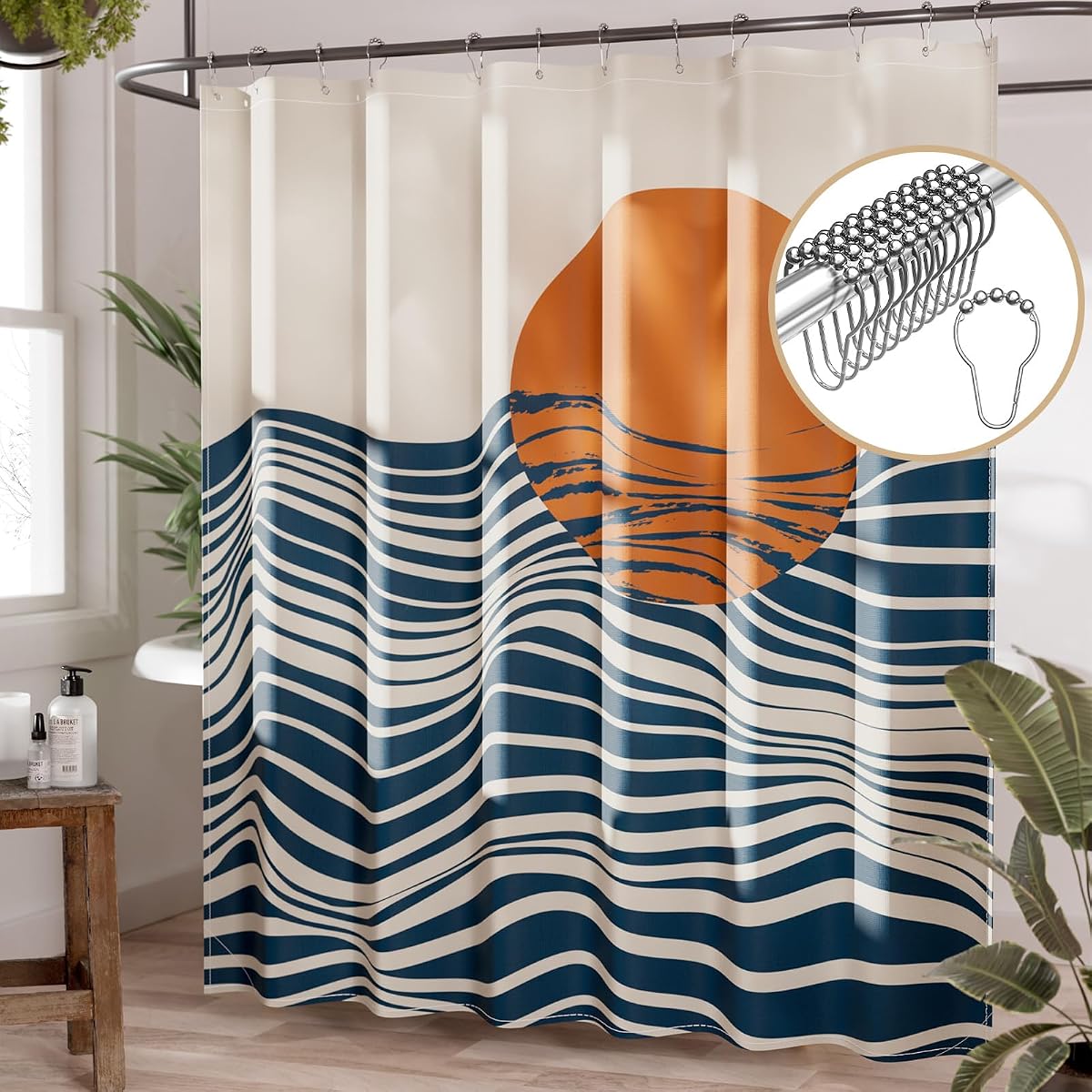 AmazerBath Cortina de ducha bohemia, 72 x 72, tela lavable, cortina de ducha azul marino y puesta de sol con 12 ganchos, juego de cortina de ducha rústica de tela, cortinas de ducha modernas de color marrón para baño, camper, RV